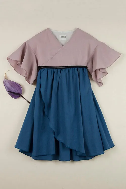 Popelin Girls Blue Pink Wrap Dress