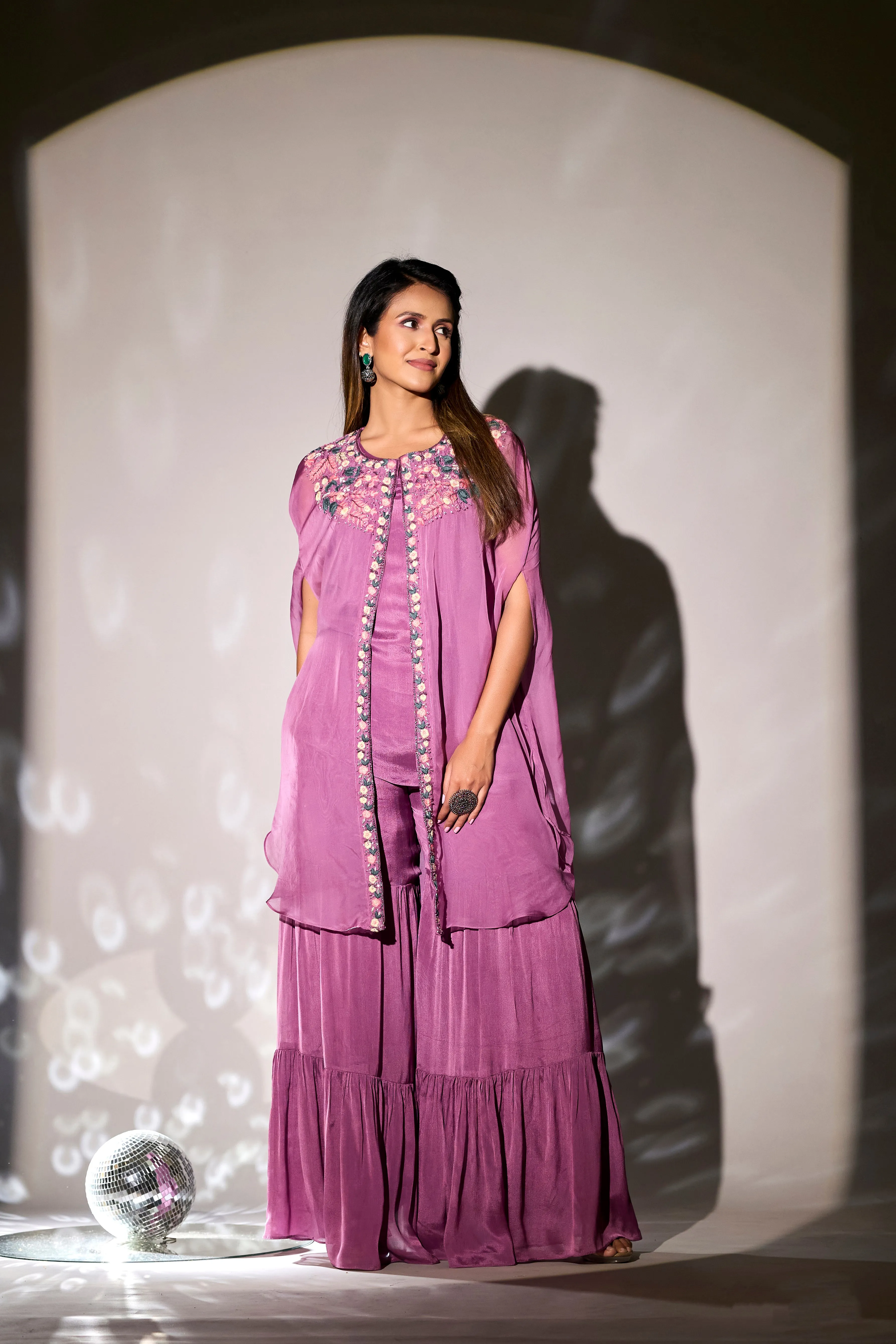 Premium Pink Embroidered Chinon Silk Cape & Sharara Set