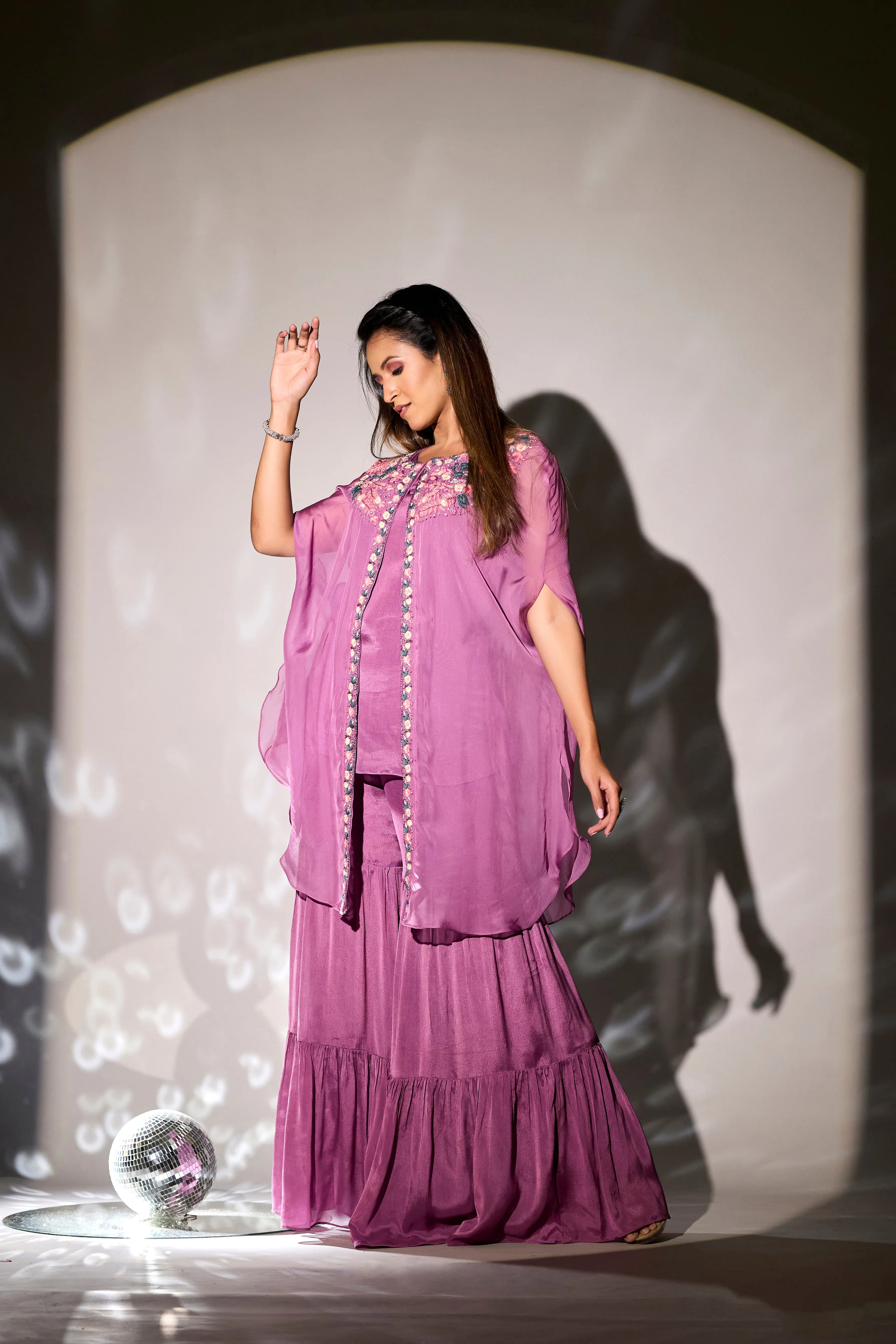 Premium Pink Embroidered Chinon Silk Cape & Sharara Set