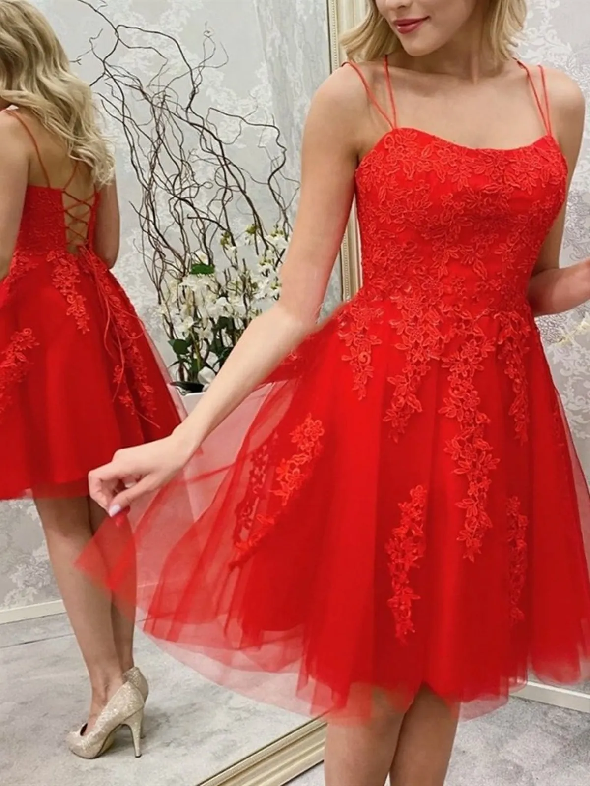 Princess Short Red Lace Prom, Red Lace Homecoming, Short Red Formal Evening