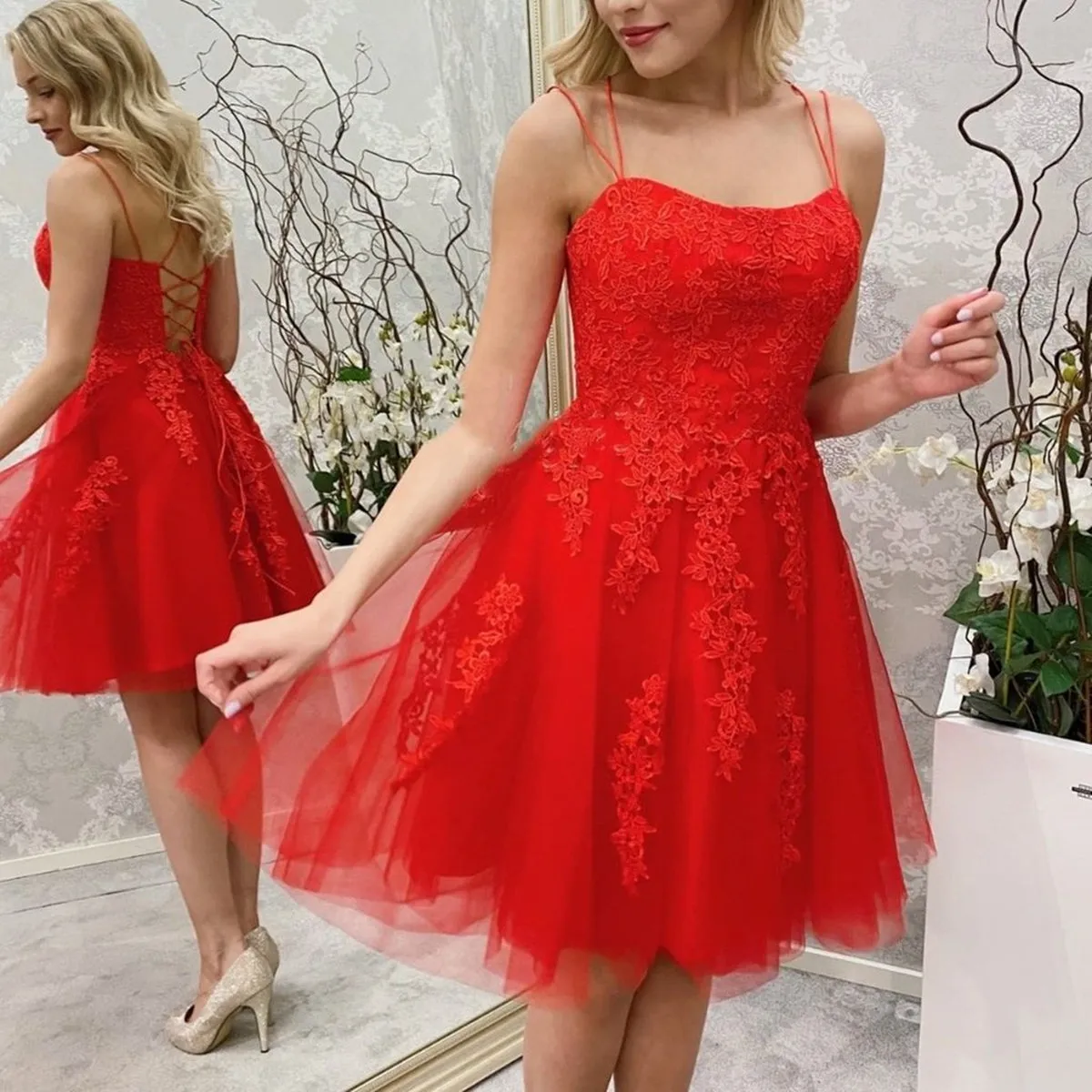 Princess Short Red Lace Prom, Red Lace Homecoming, Short Red Formal Evening