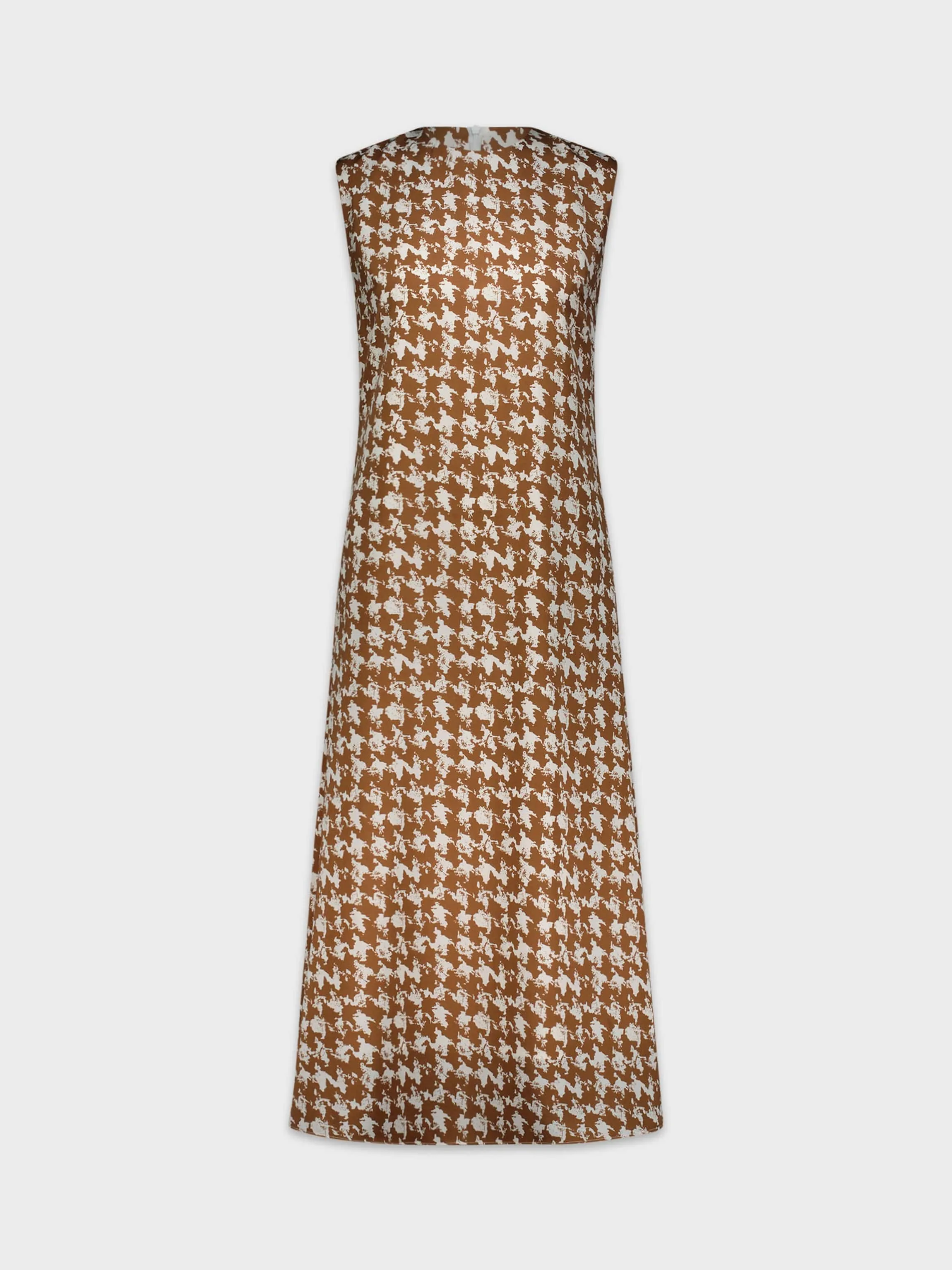 PRINTED CREW SLIPDRESS-BROWN HOUNDSTOOTH