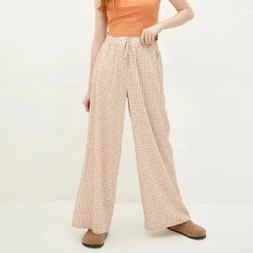 Pull-On Elastic Plaid Drawstring Wide Leg Loose Casual Summer Pants