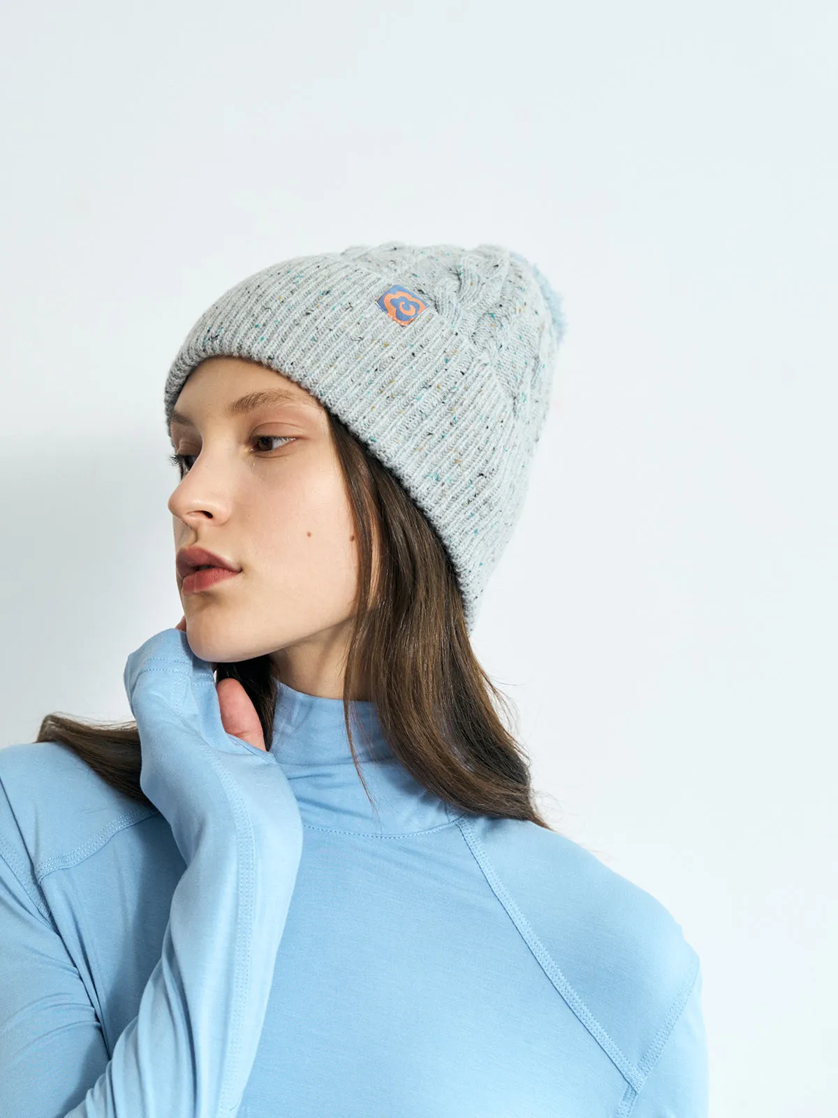 "Pom Pom" Cable Knit Wool Beanie Hat - Icy Blue