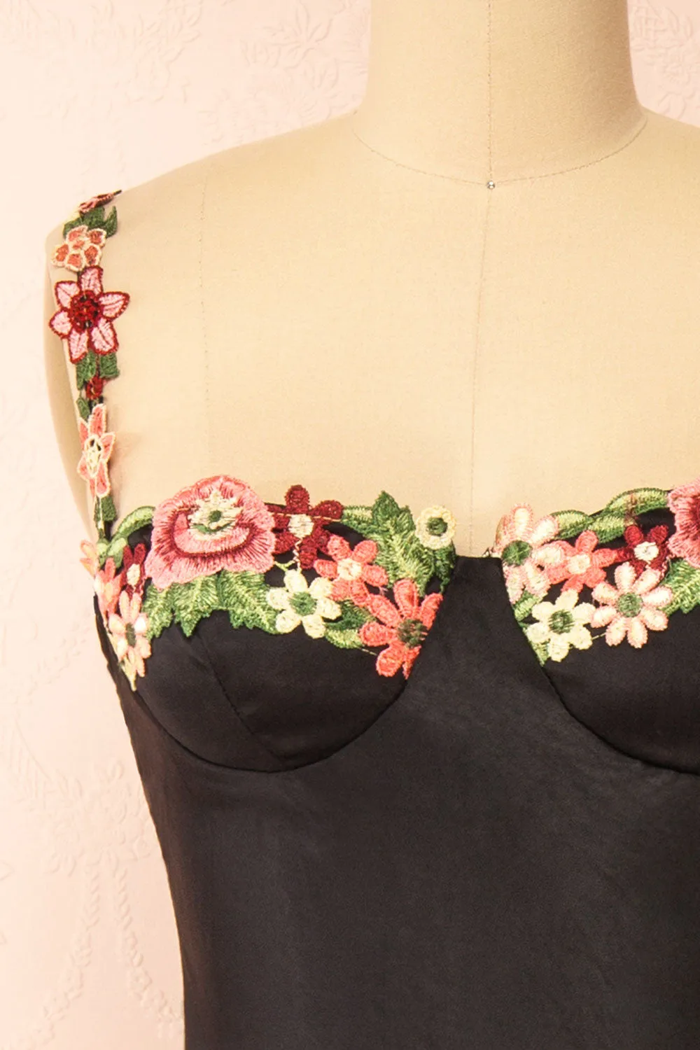 Ramona Black | Slip Dress w/ Floral Embroidery