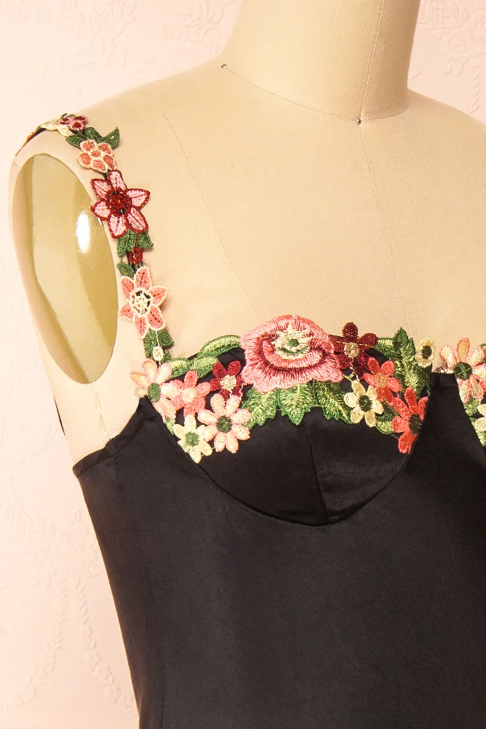 Ramona Black | Slip Dress w/ Floral Embroidery