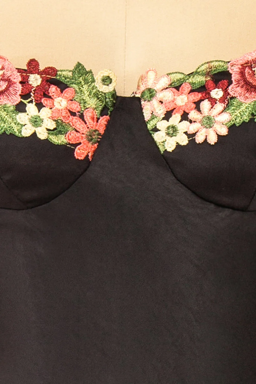 Ramona Black | Slip Dress w/ Floral Embroidery