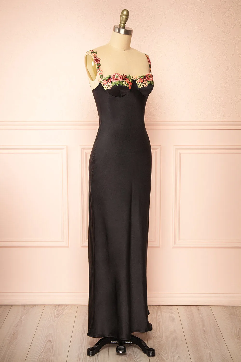 Ramona Black | Slip Dress w/ Floral Embroidery