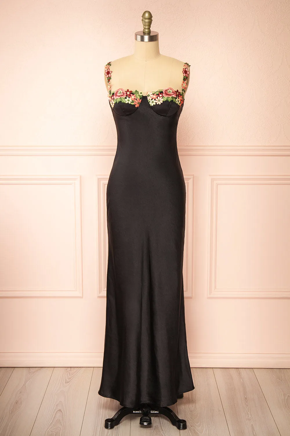 Ramona Black | Slip Dress w/ Floral Embroidery