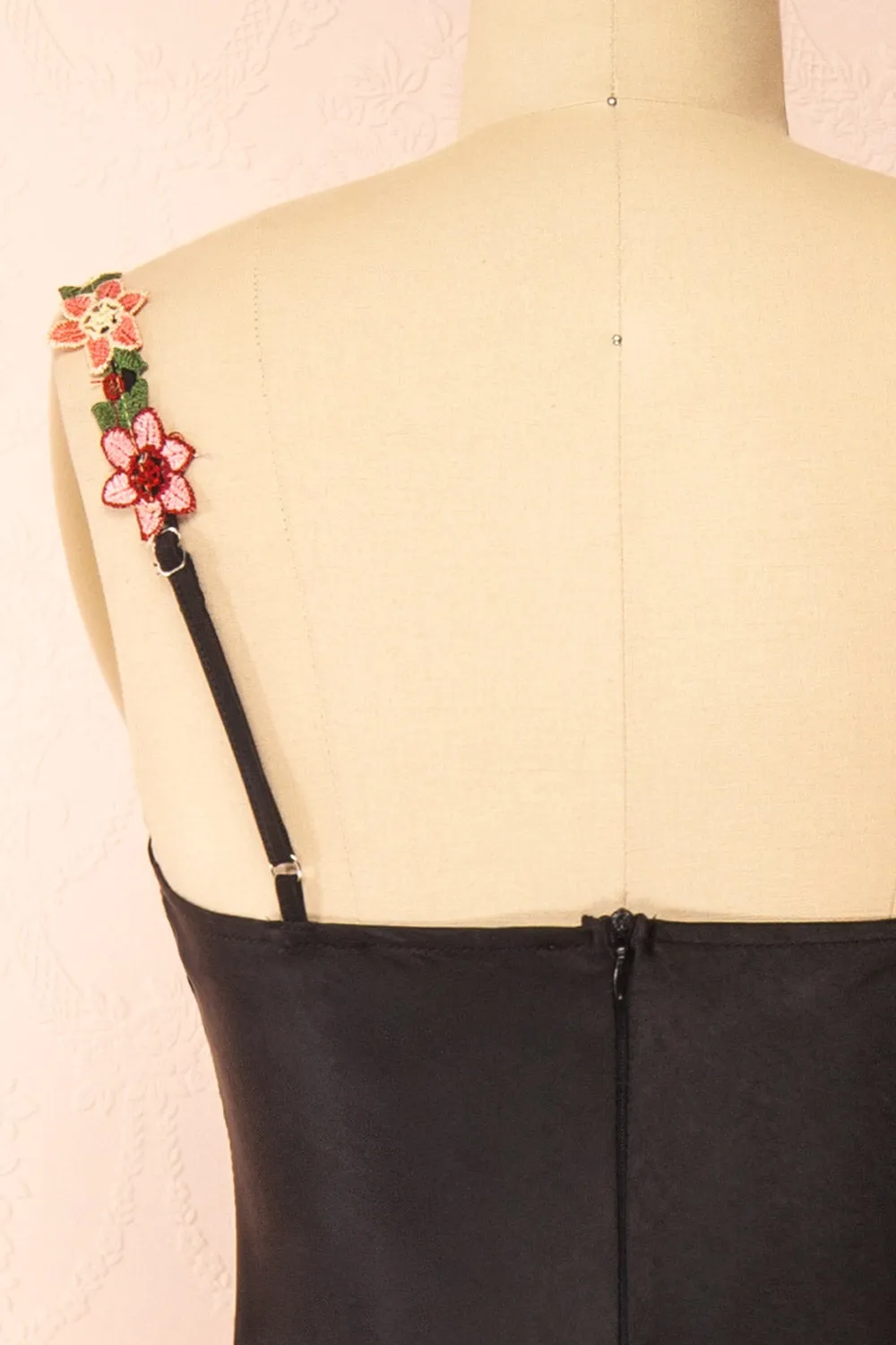 Ramona Black | Slip Dress w/ Floral Embroidery