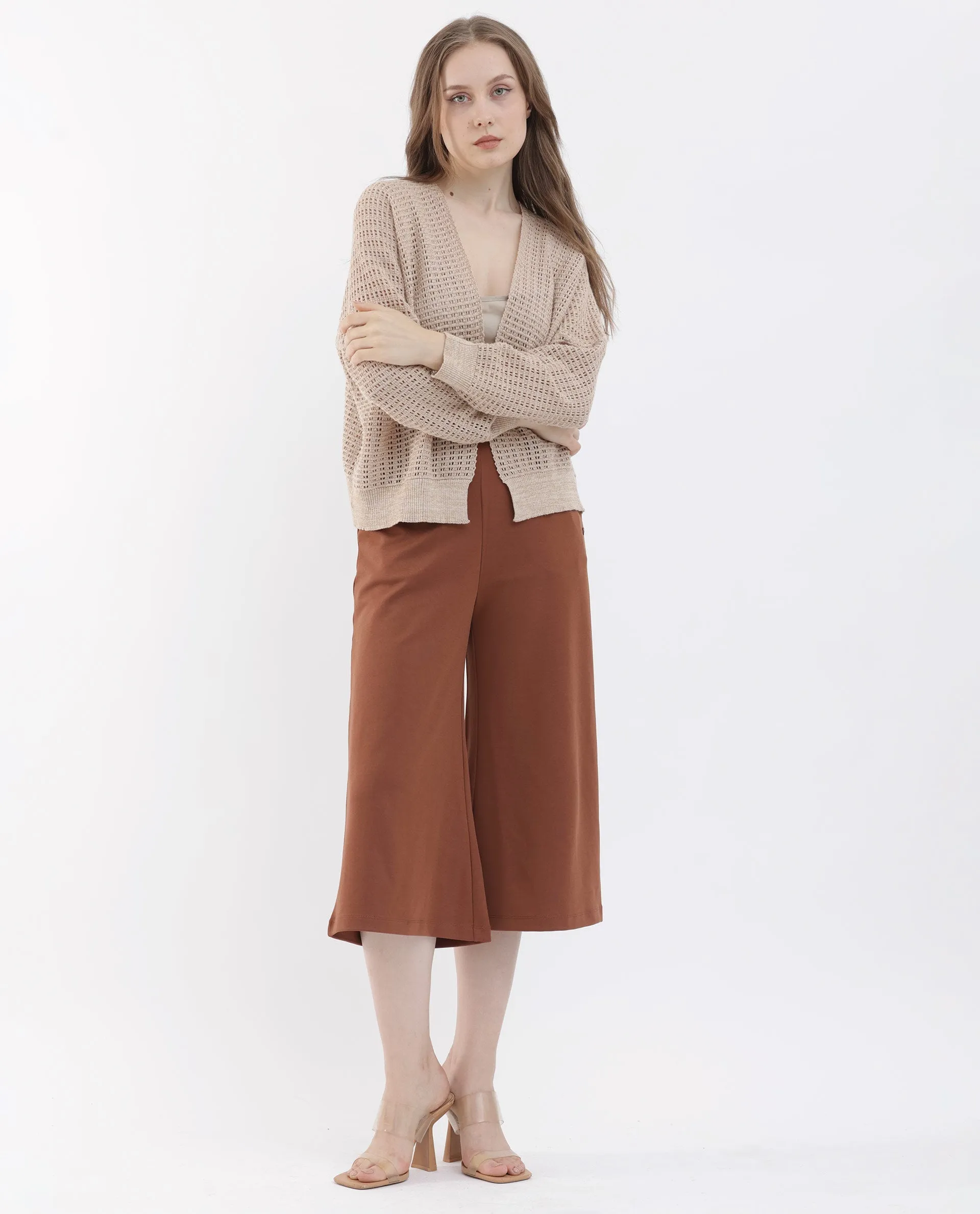 Rareism Women Shoyo Dark Brown Polyester Fabric Zip Closure Flared Fit Plain Midi Culottes