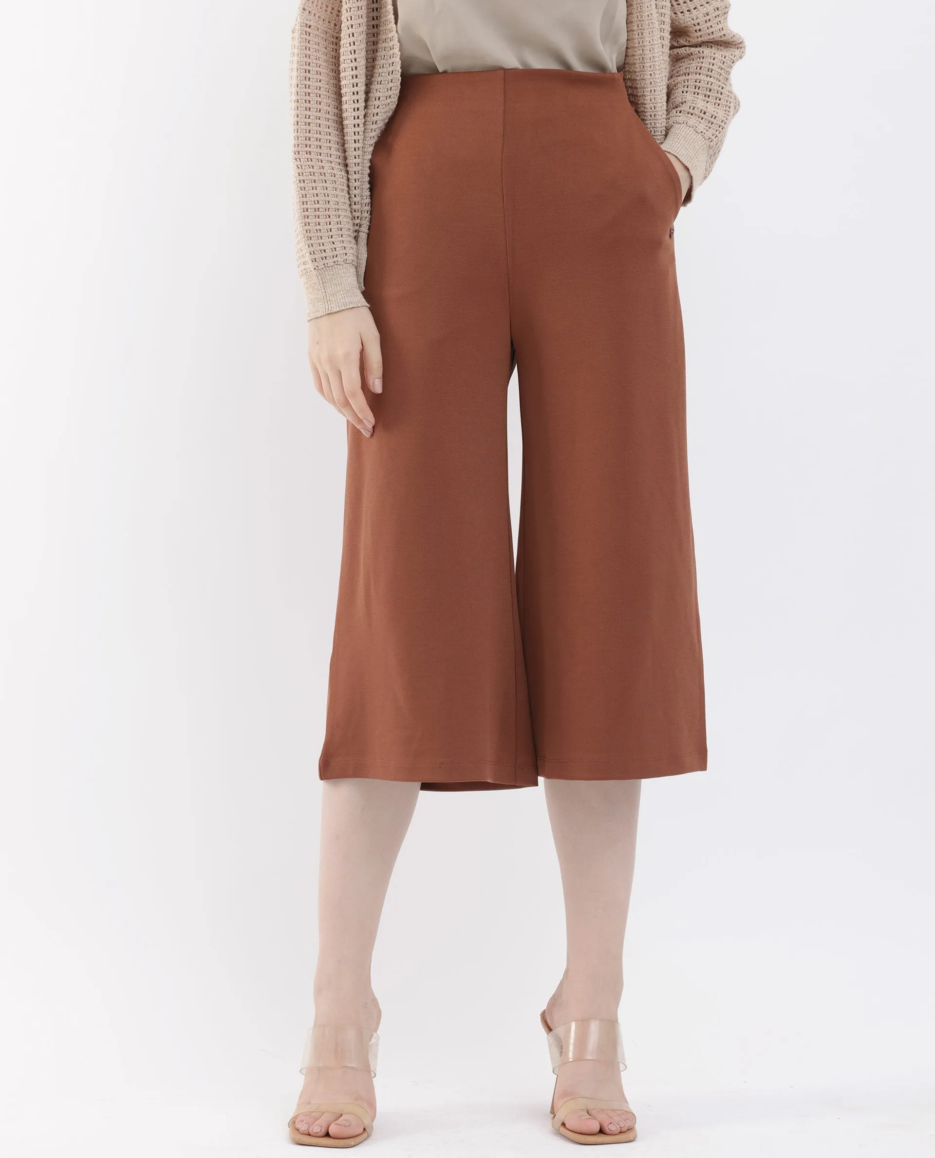 Rareism Women Shoyo Dark Brown Polyester Fabric Zip Closure Flared Fit Plain Midi Culottes