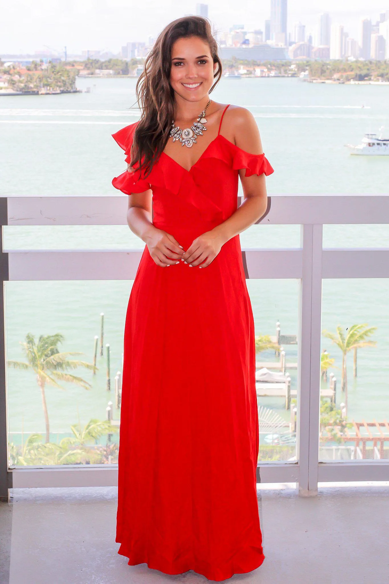 Red Wrap Dress with Ruffles