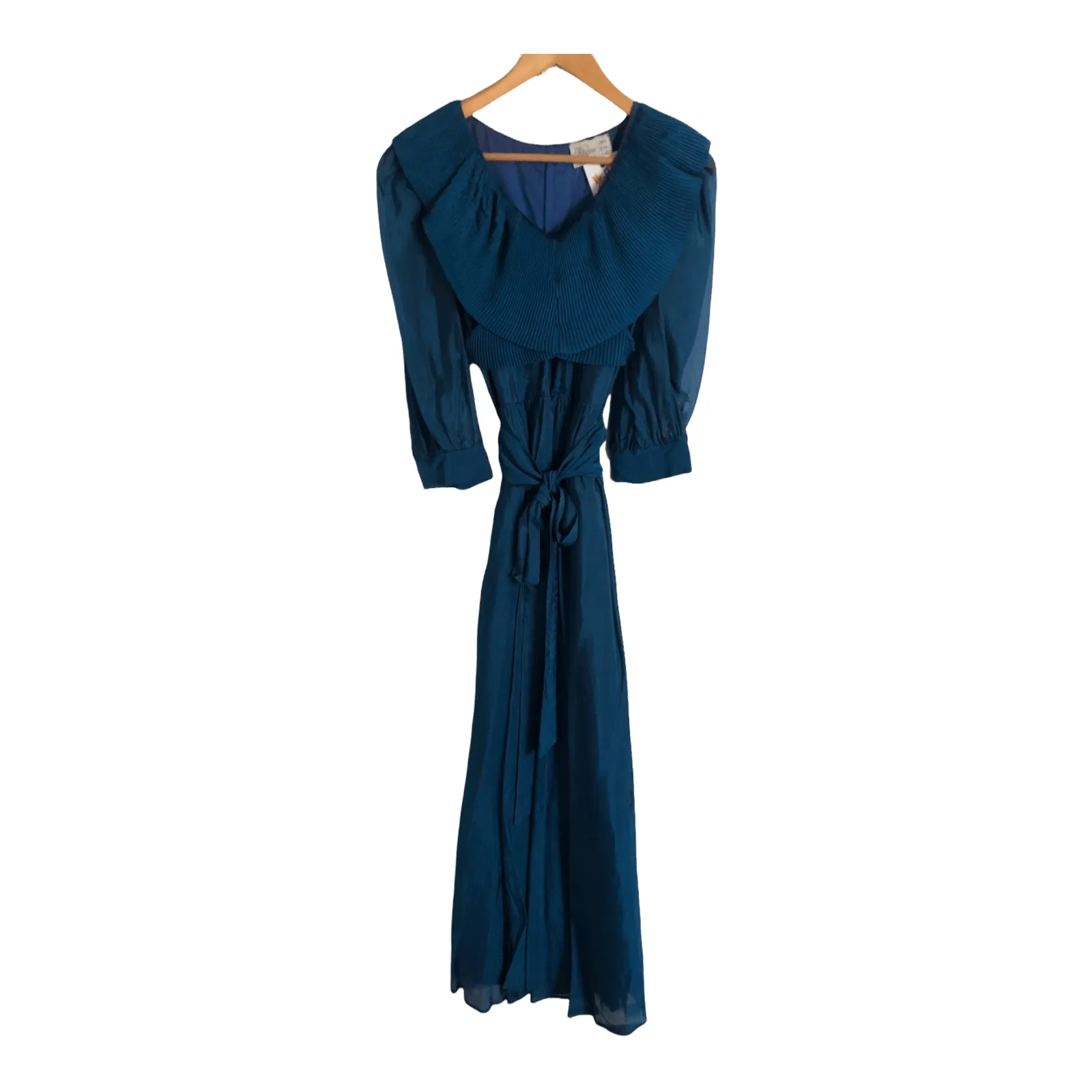 Regine London Vintage Long Sleeve Satin & Chiffon Evening Gown Maxi Dress Electric Blue UK Size 8