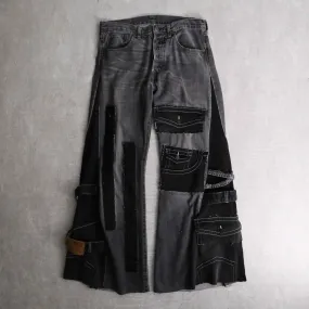 remake "再構築" stitch & patch flare black denim pants