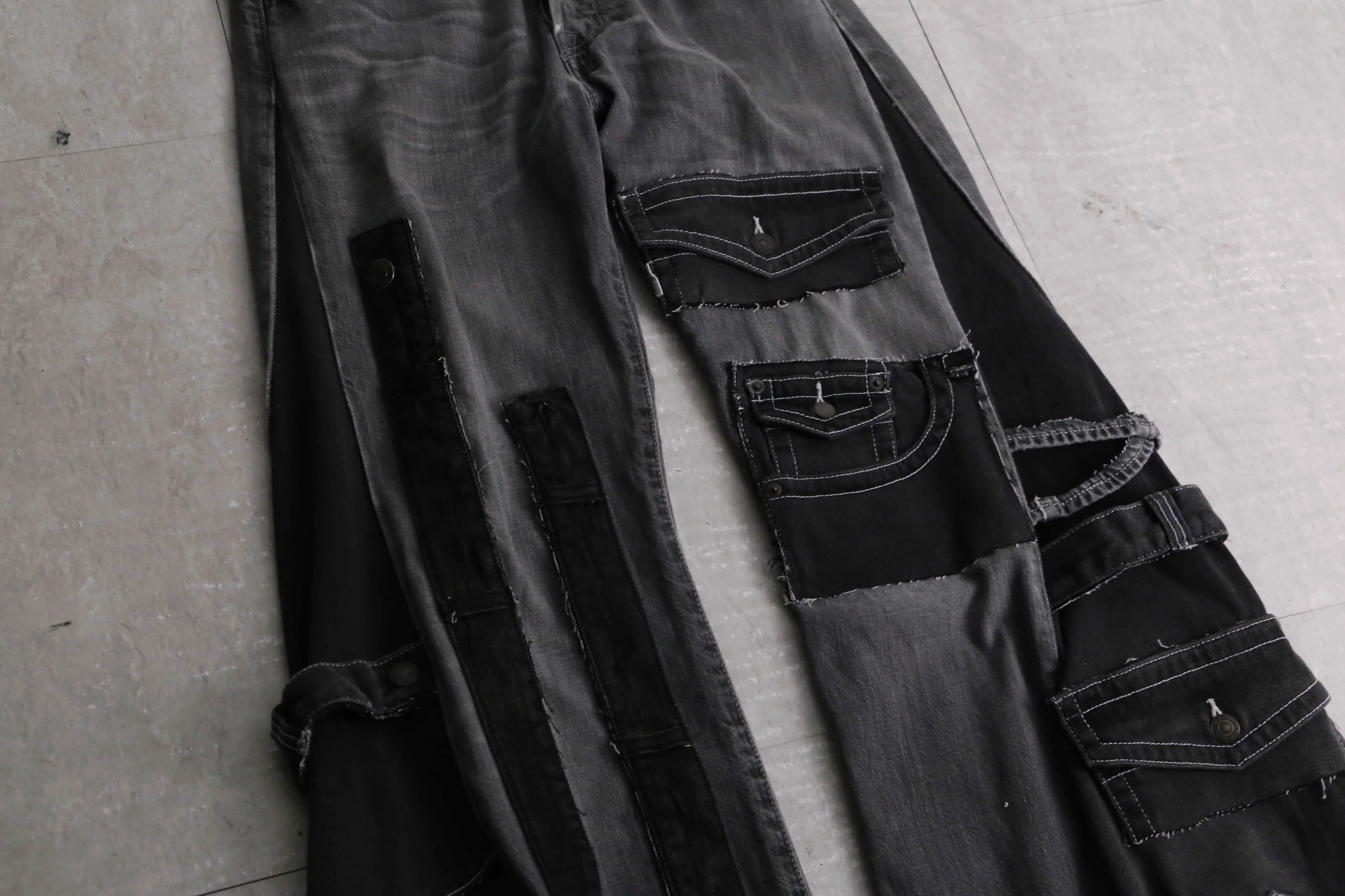 remake "再構築" stitch & patch flare black denim pants