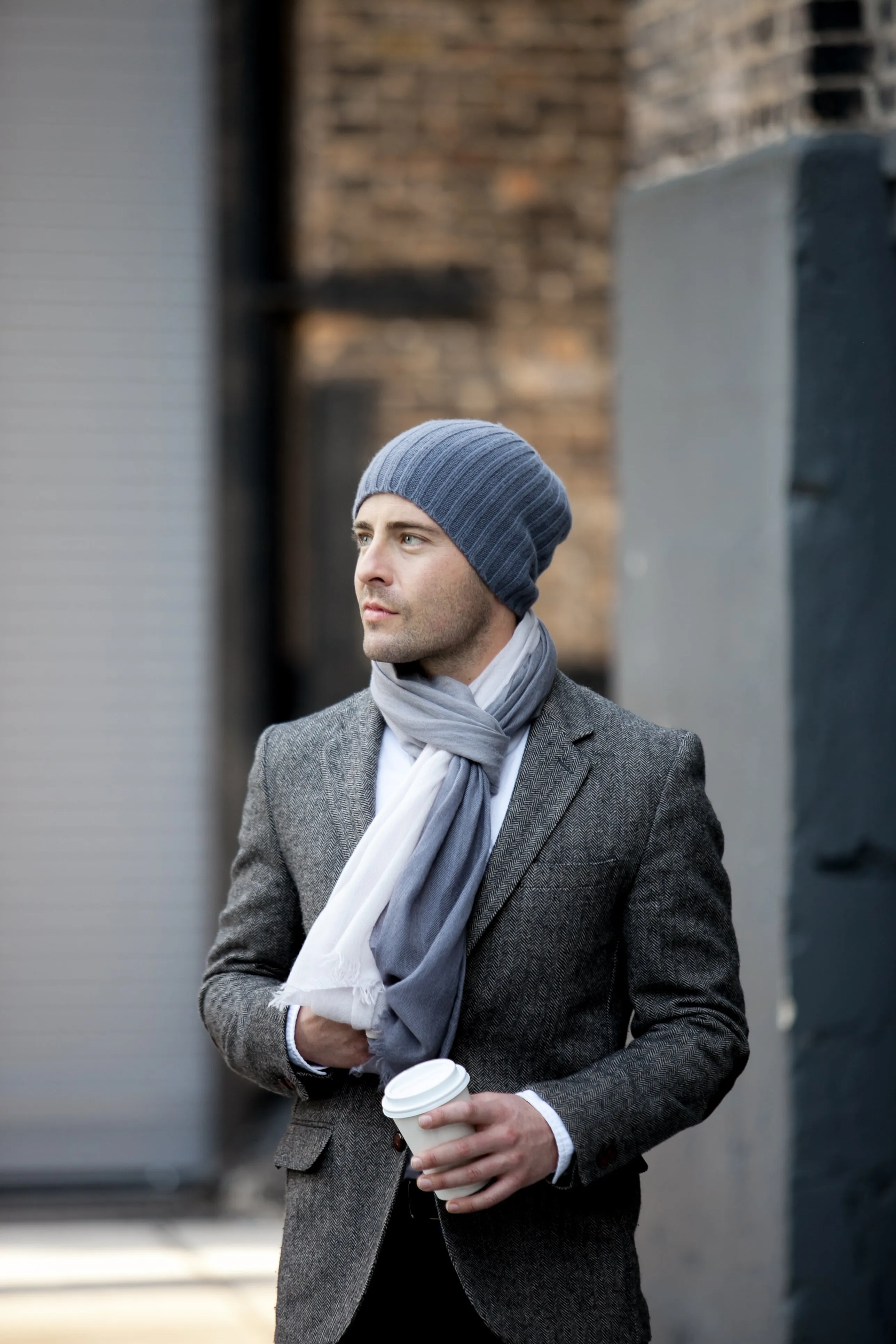 Ribbed Grey Cashmere Hat with Seafoam Pom-Pom