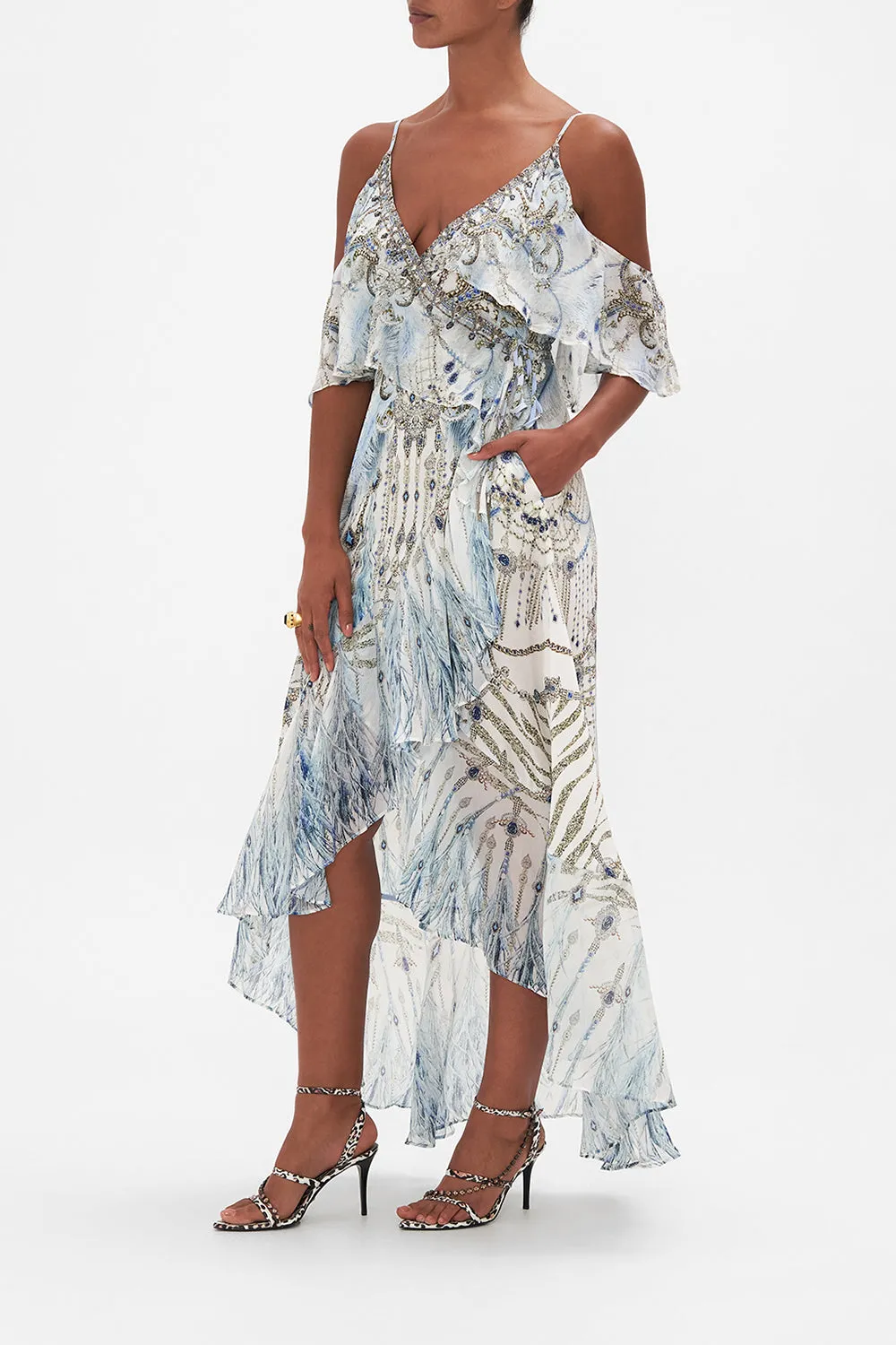 RUFFLE OVERLAYER WRAP DRESS MOON AND BACK