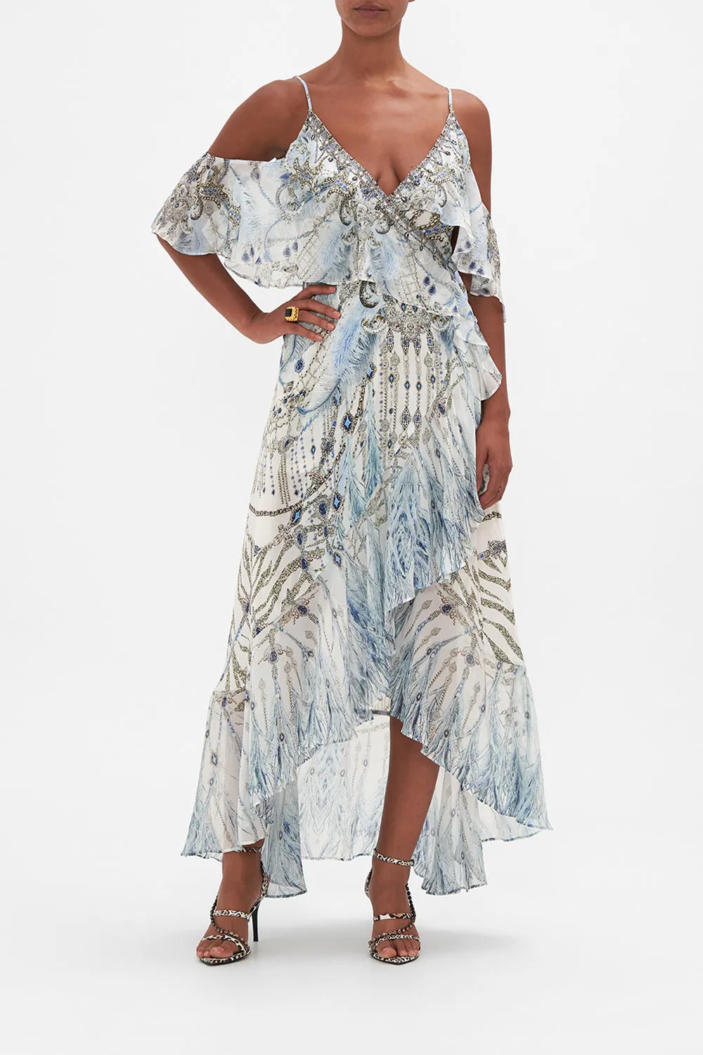 RUFFLE OVERLAYER WRAP DRESS MOON AND BACK