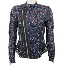 Sacai Blue Multi Floral Eyelet Silk Moto Jacket