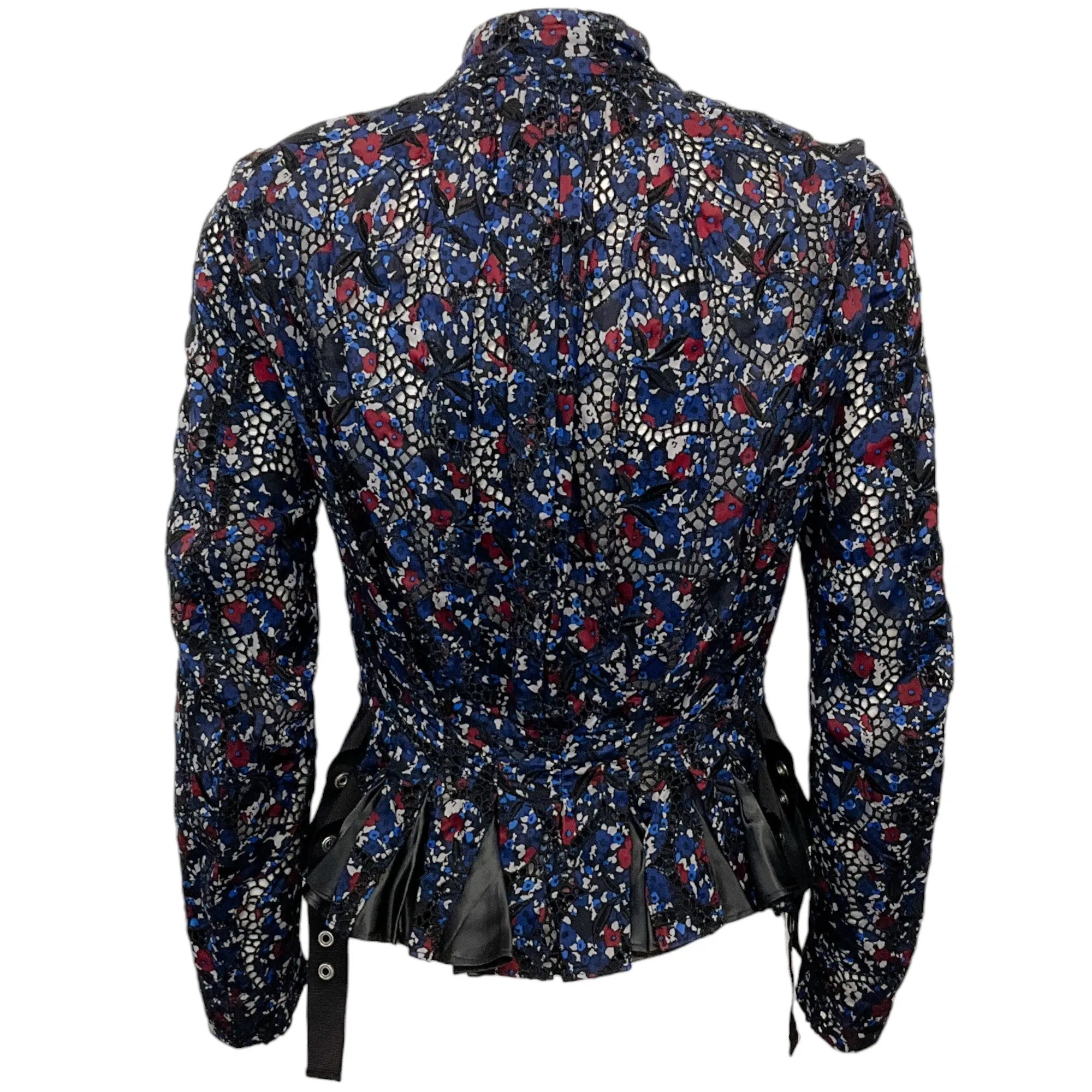 Sacai Blue Multi Floral Eyelet Silk Moto Jacket