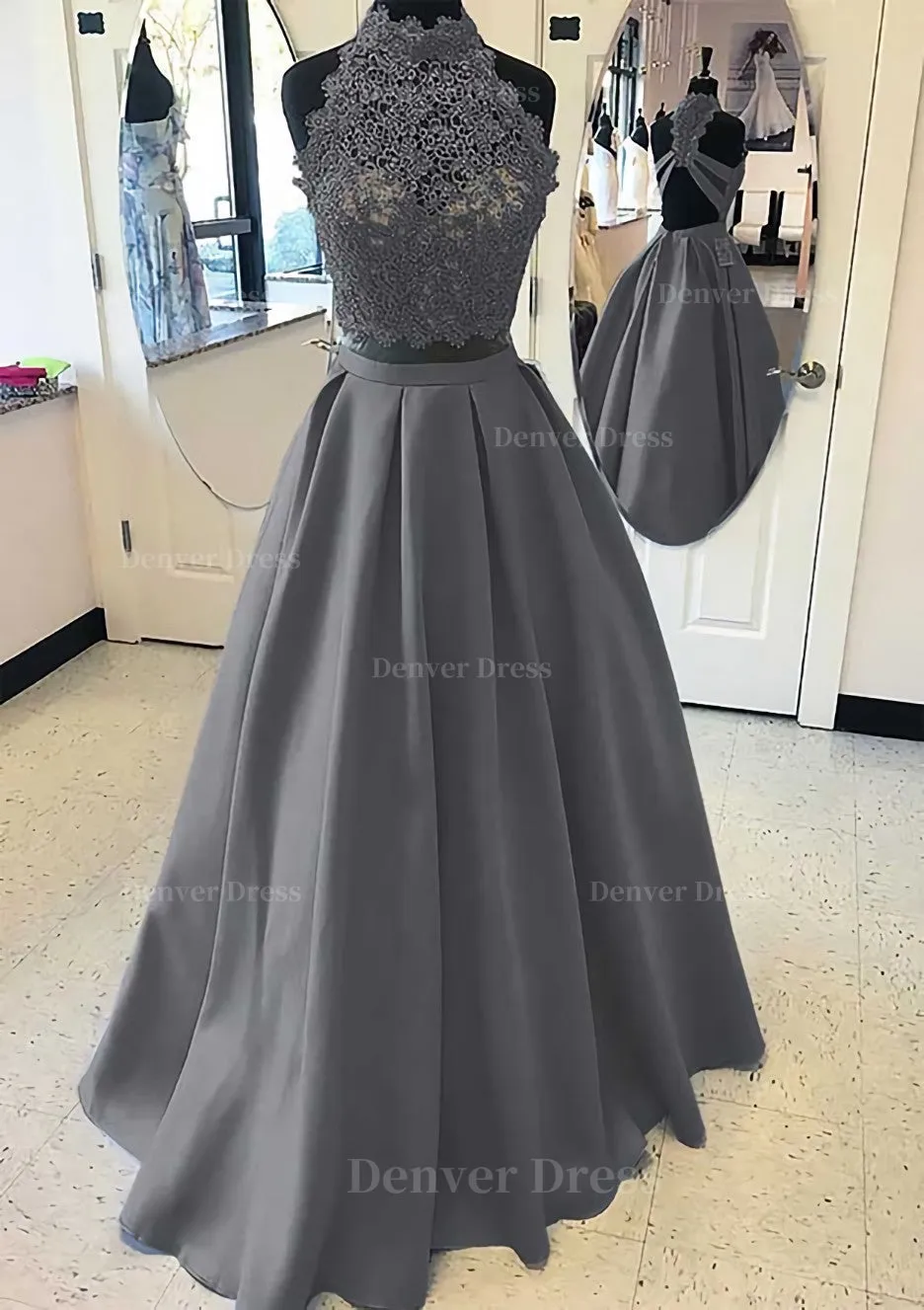 Satin Prom Dress A-Line/Princess High-Neck Long/Floor-Length With Lace