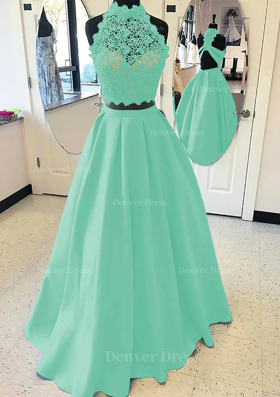 Satin Prom Dress A-Line/Princess High-Neck Long/Floor-Length With Lace