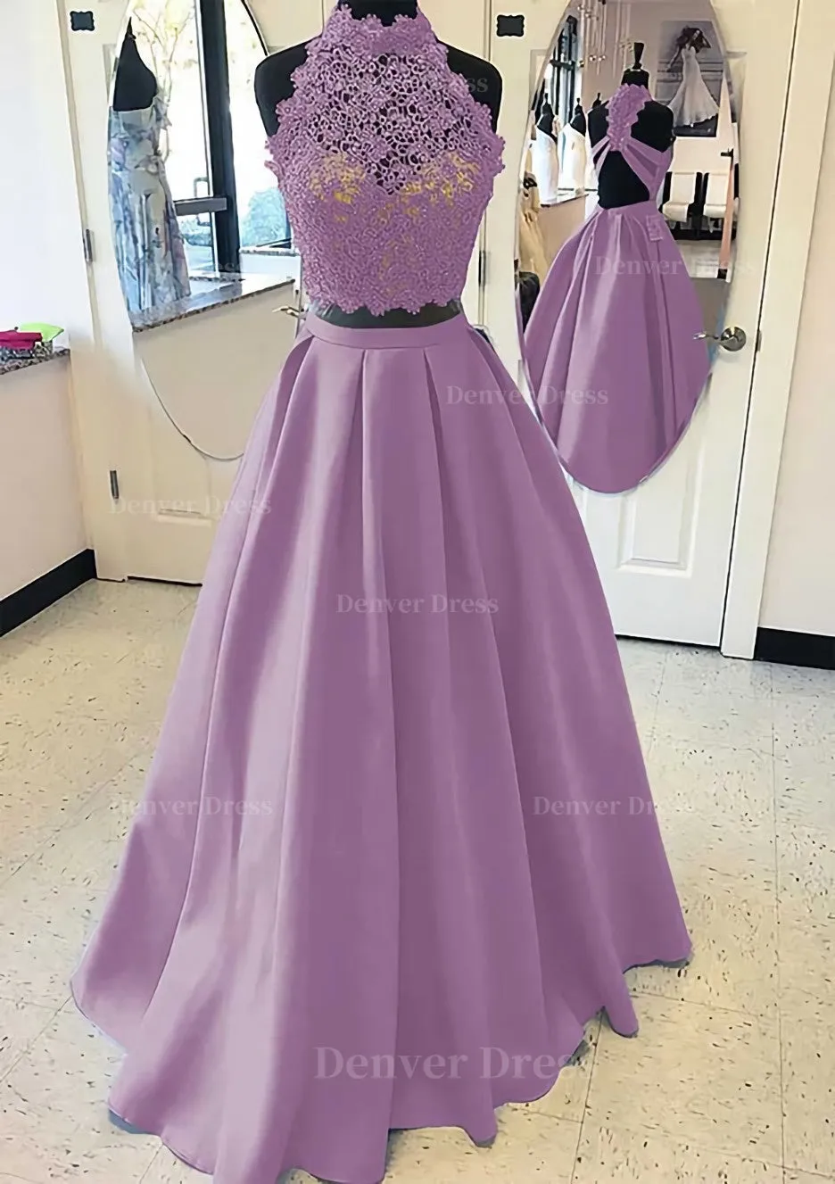 Satin Prom Dress A-Line/Princess High-Neck Long/Floor-Length With Lace