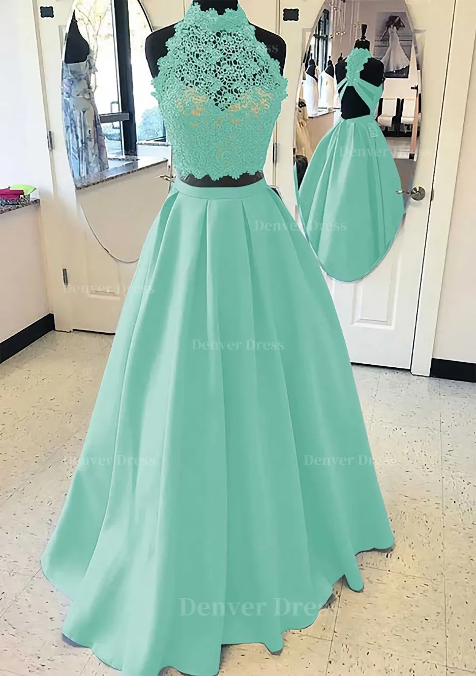 Satin Prom Dress A-Line/Princess High-Neck Long/Floor-Length With Lace