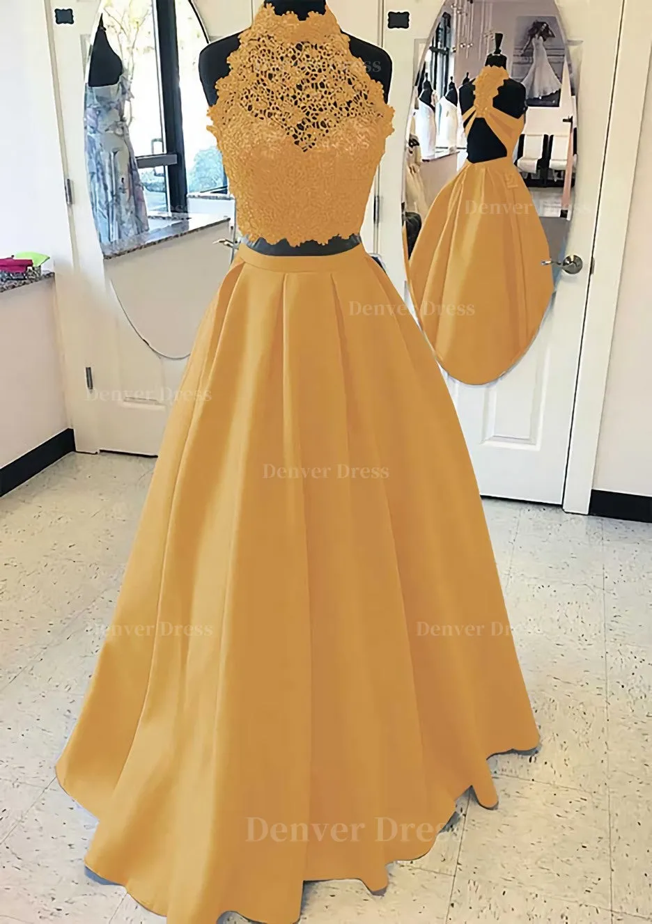 Satin Prom Dress A-Line/Princess High-Neck Long/Floor-Length With Lace