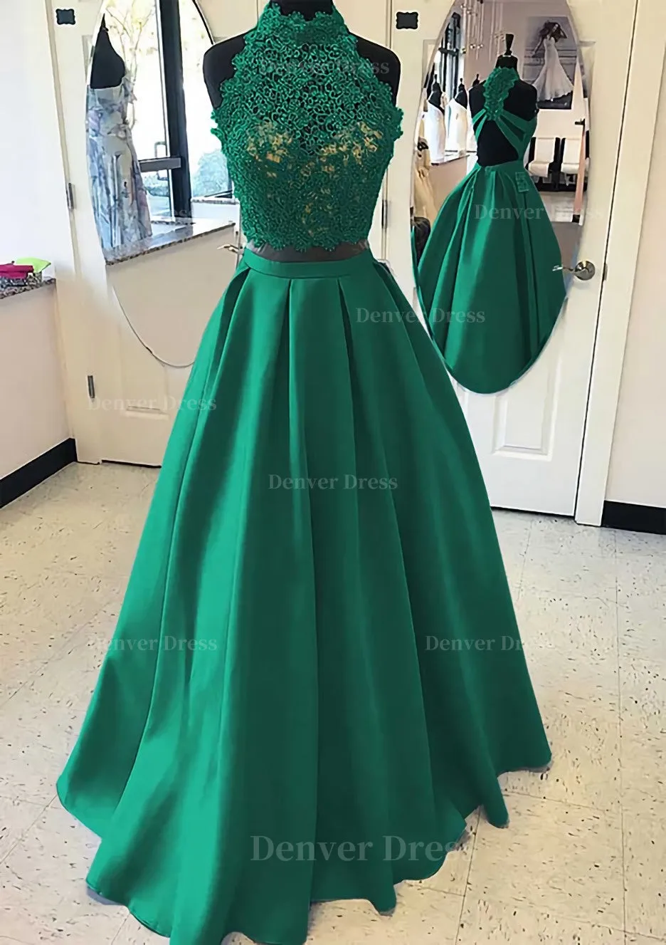 Satin Prom Dress A-Line/Princess High-Neck Long/Floor-Length With Lace