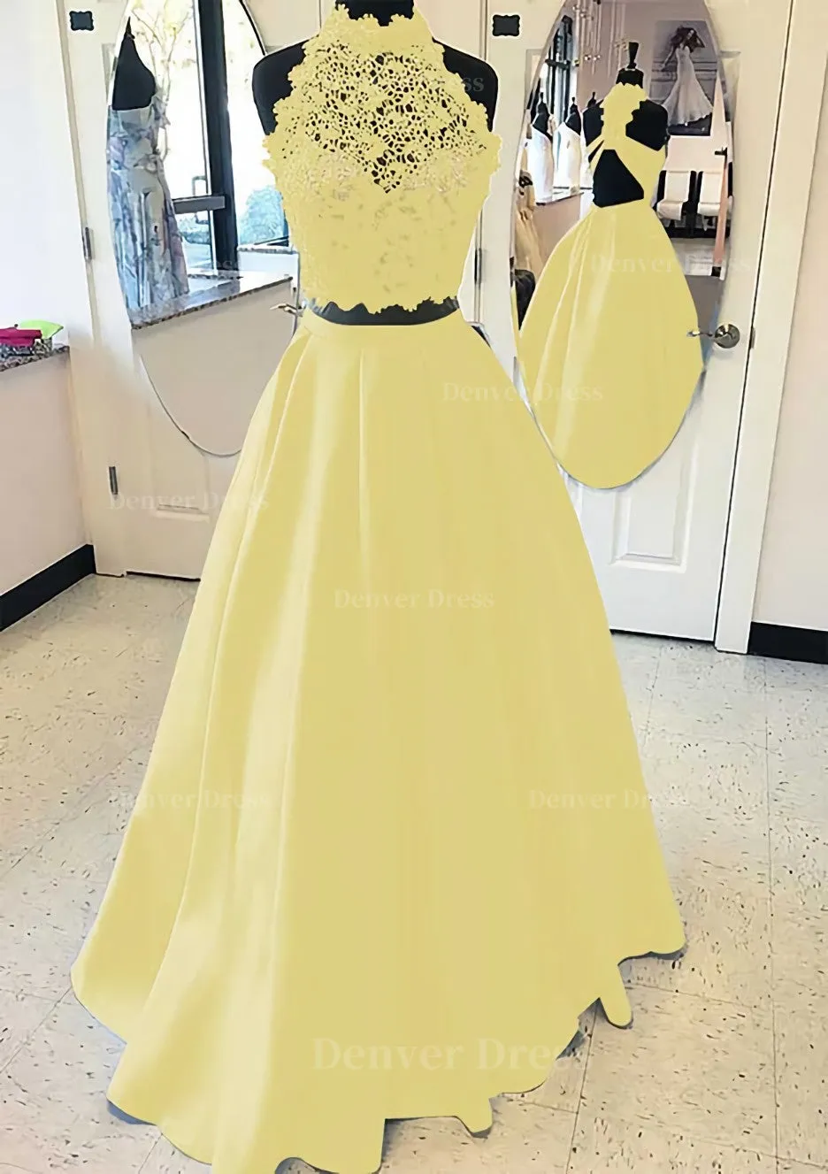 Satin Prom Dress A-Line/Princess High-Neck Long/Floor-Length With Lace