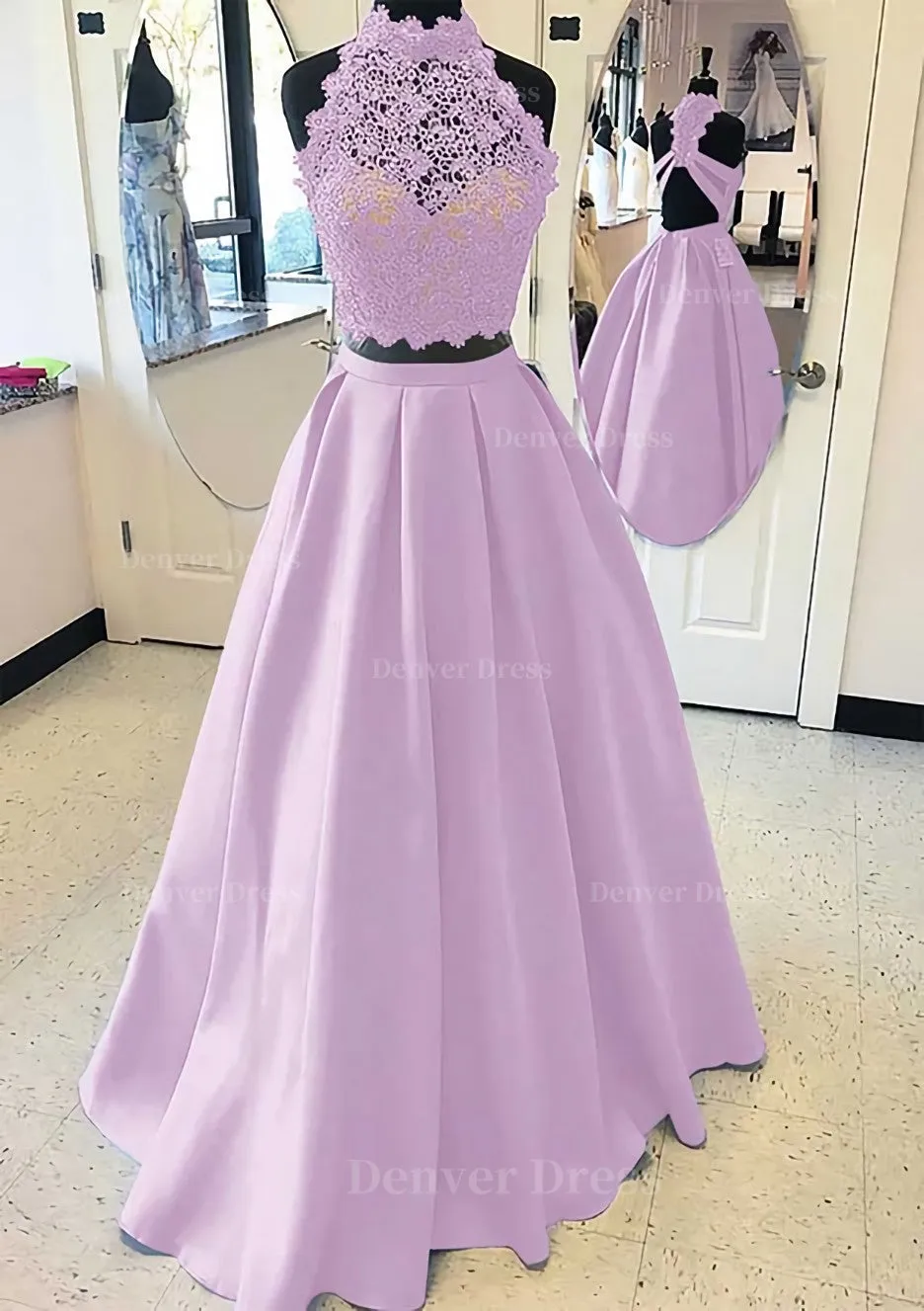 Satin Prom Dress A-Line/Princess High-Neck Long/Floor-Length With Lace