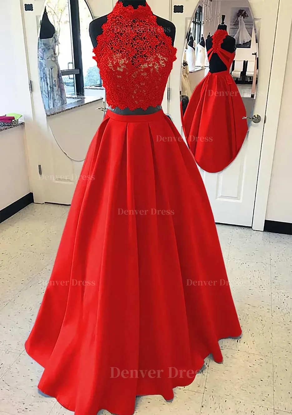 Satin Prom Dress A-Line/Princess High-Neck Long/Floor-Length With Lace