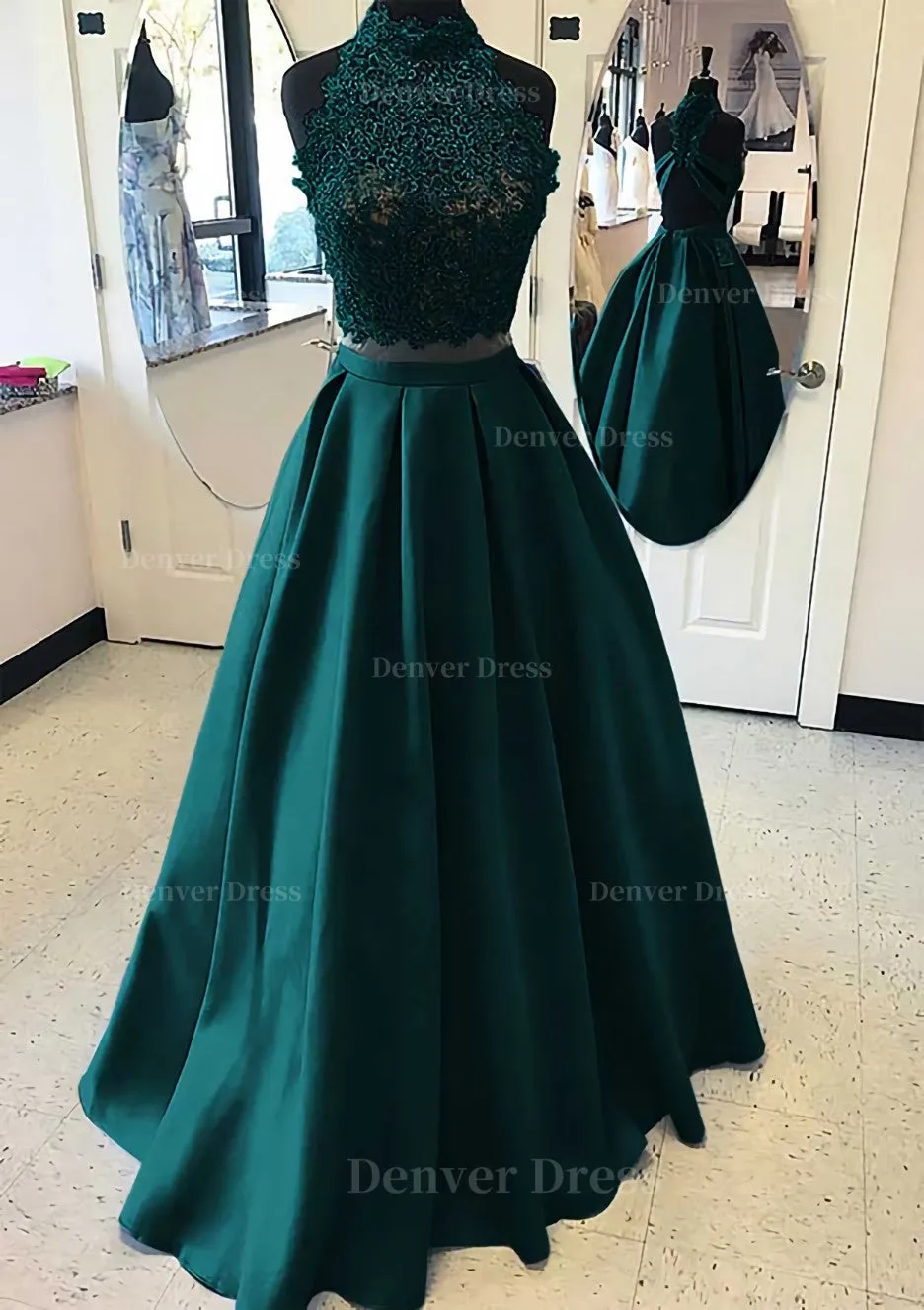 Satin Prom Dress A-Line/Princess High-Neck Long/Floor-Length With Lace