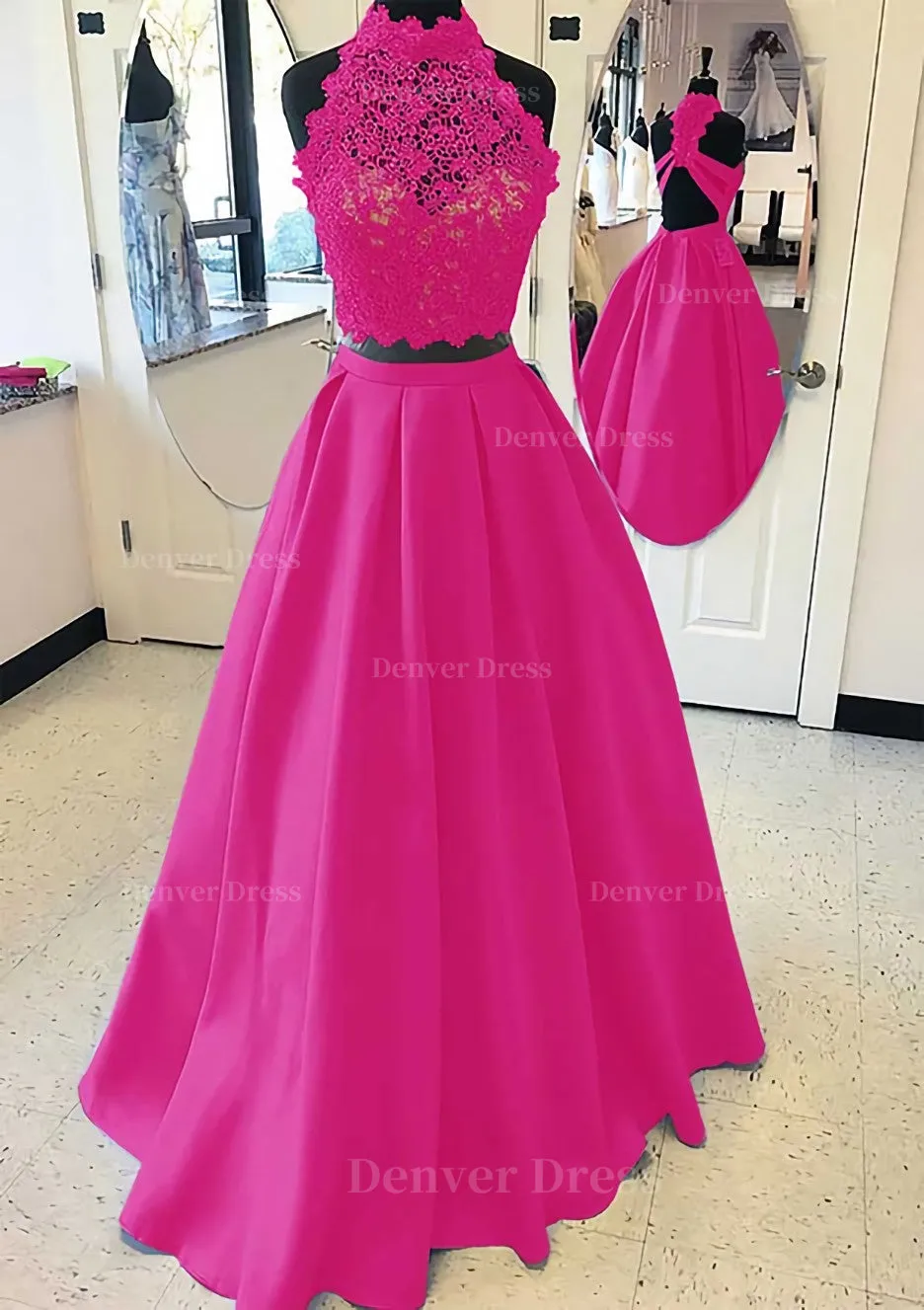 Satin Prom Dress A-Line/Princess High-Neck Long/Floor-Length With Lace