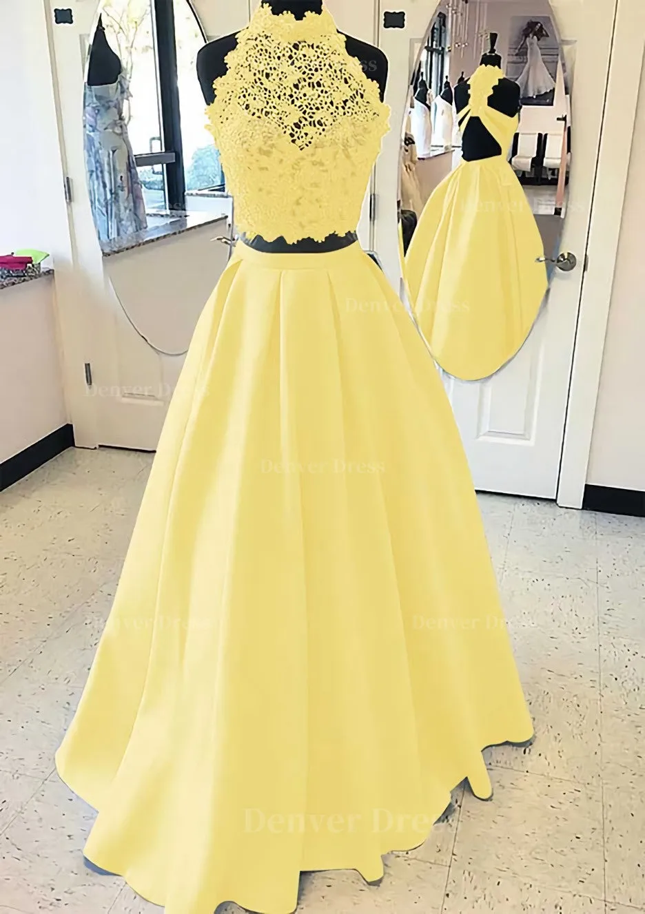 Satin Prom Dress A-Line/Princess High-Neck Long/Floor-Length With Lace