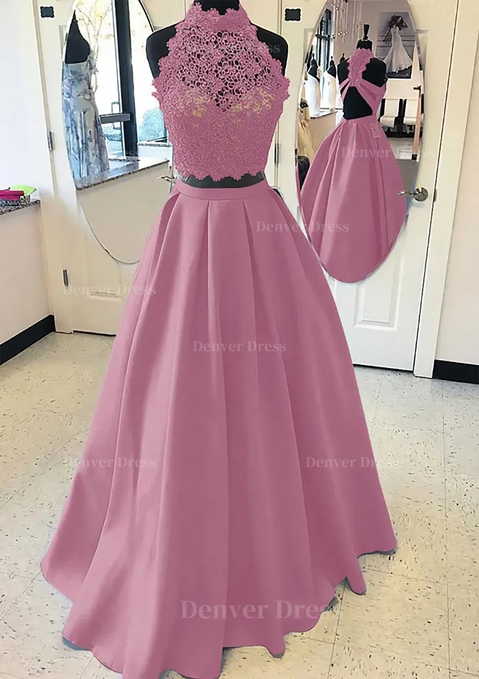 Satin Prom Dress A-Line/Princess High-Neck Long/Floor-Length With Lace