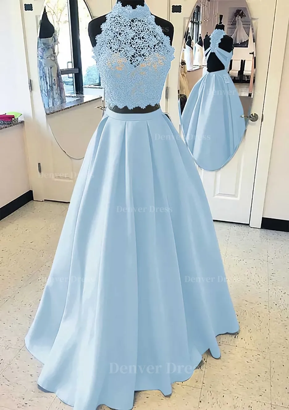 Satin Prom Dress A-Line/Princess High-Neck Long/Floor-Length With Lace