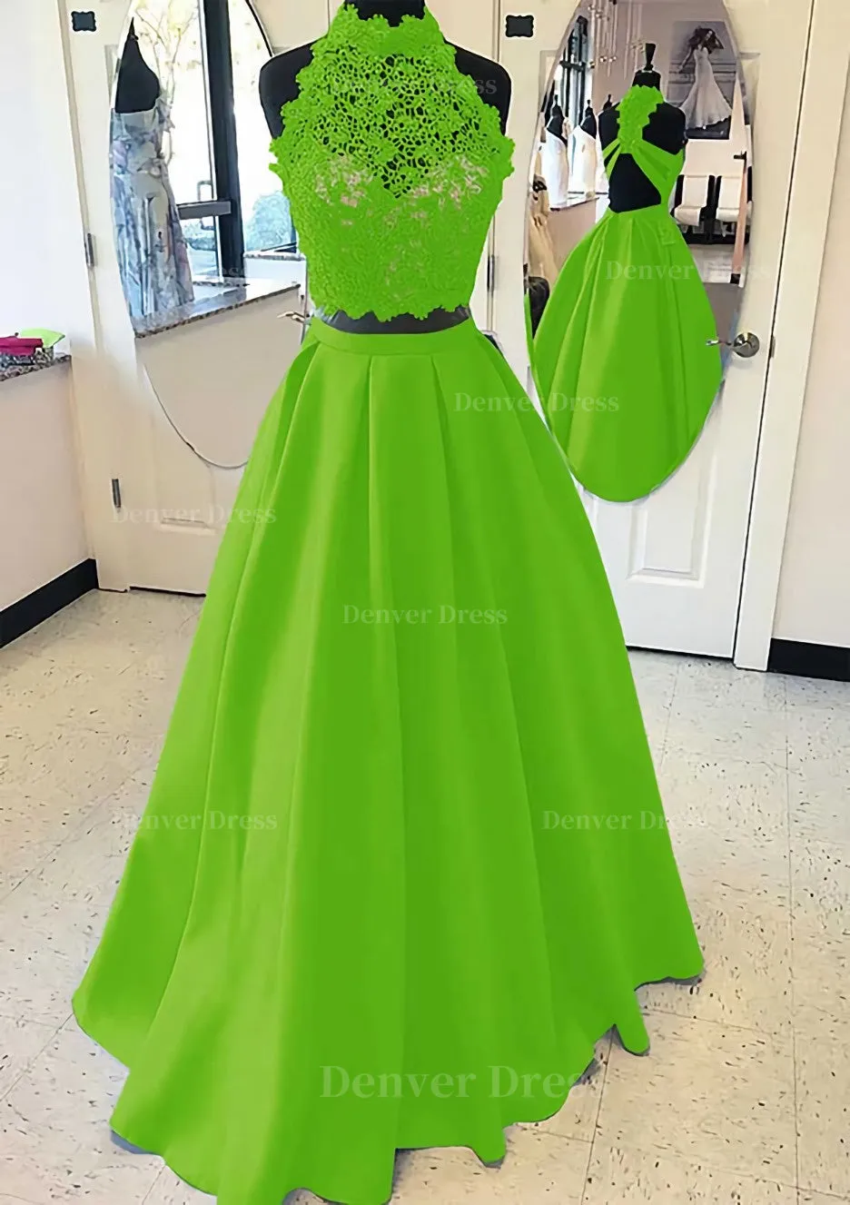 Satin Prom Dress A-Line/Princess High-Neck Long/Floor-Length With Lace