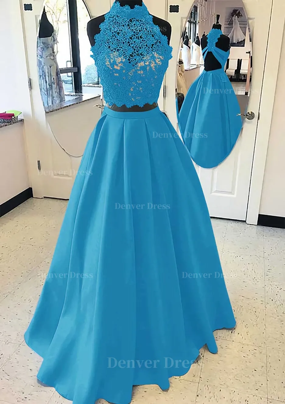 Satin Prom Dress A-Line/Princess High-Neck Long/Floor-Length With Lace