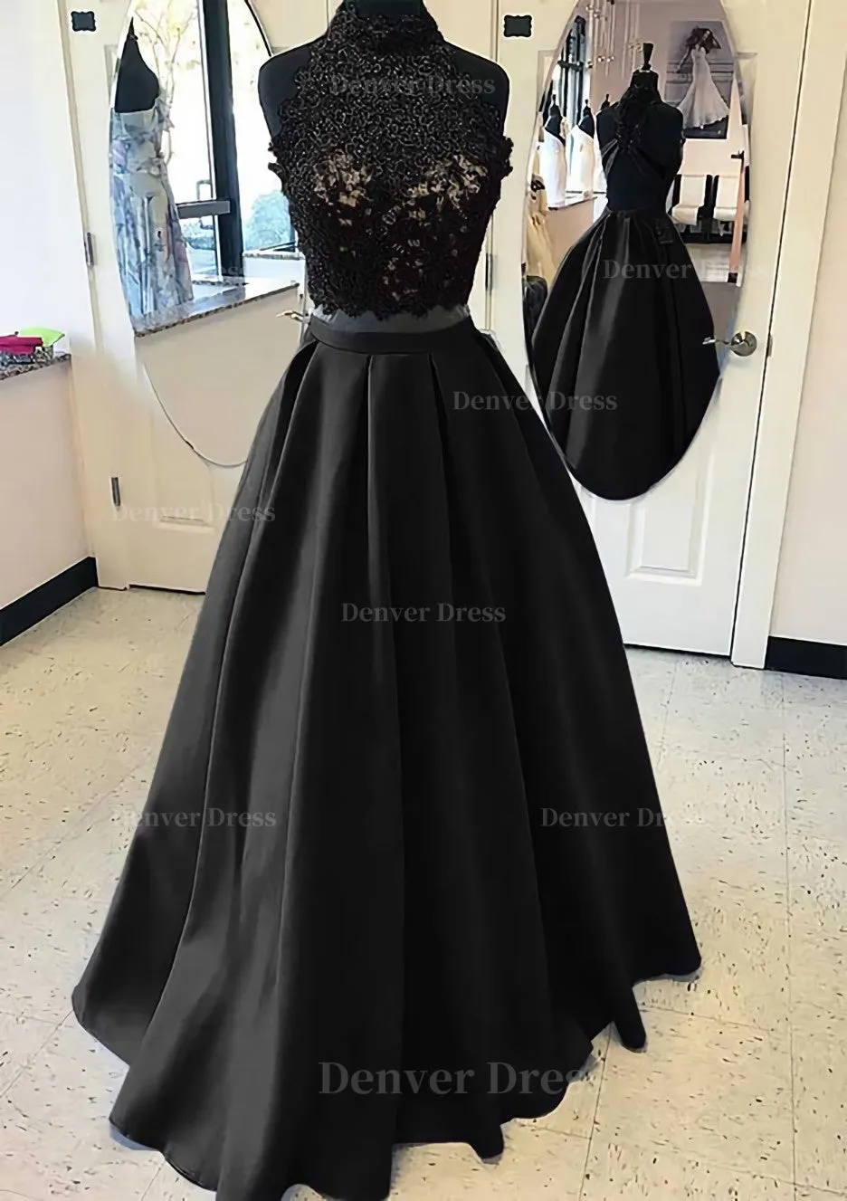 Satin Prom Dress A-Line/Princess High-Neck Long/Floor-Length With Lace