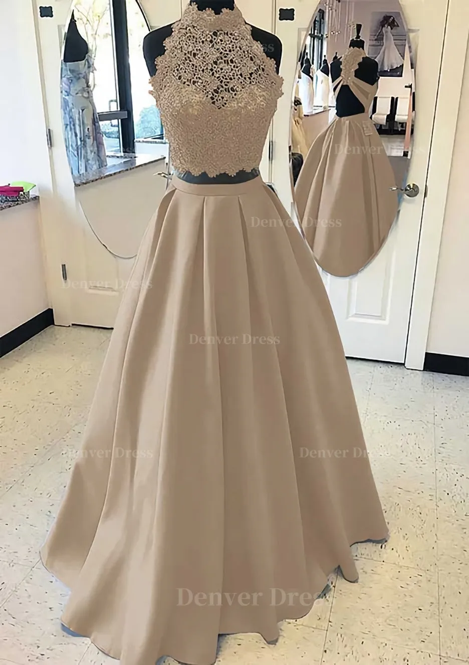 Satin Prom Dress A-Line/Princess High-Neck Long/Floor-Length With Lace