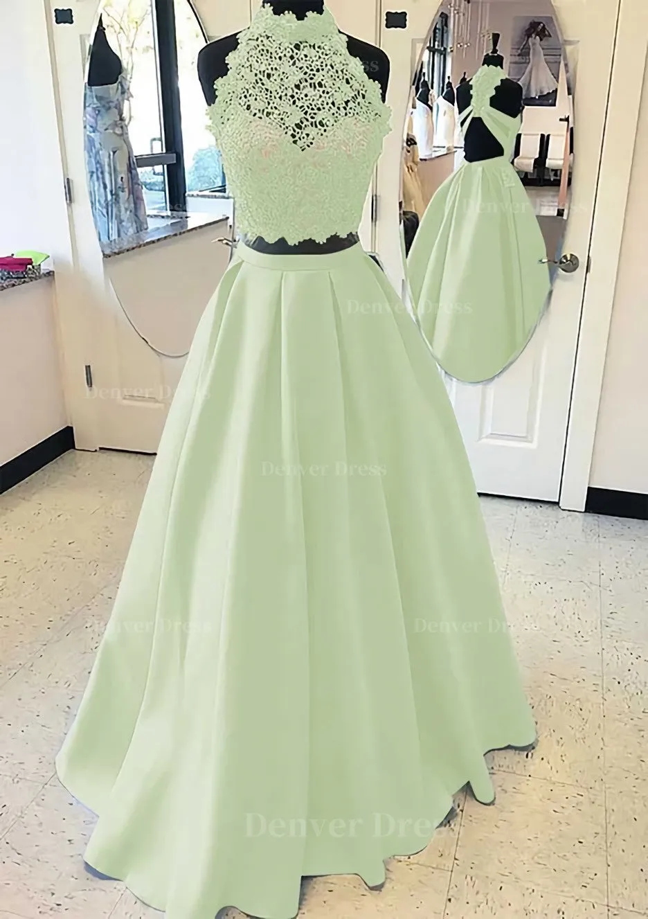 Satin Prom Dress A-Line/Princess High-Neck Long/Floor-Length With Lace