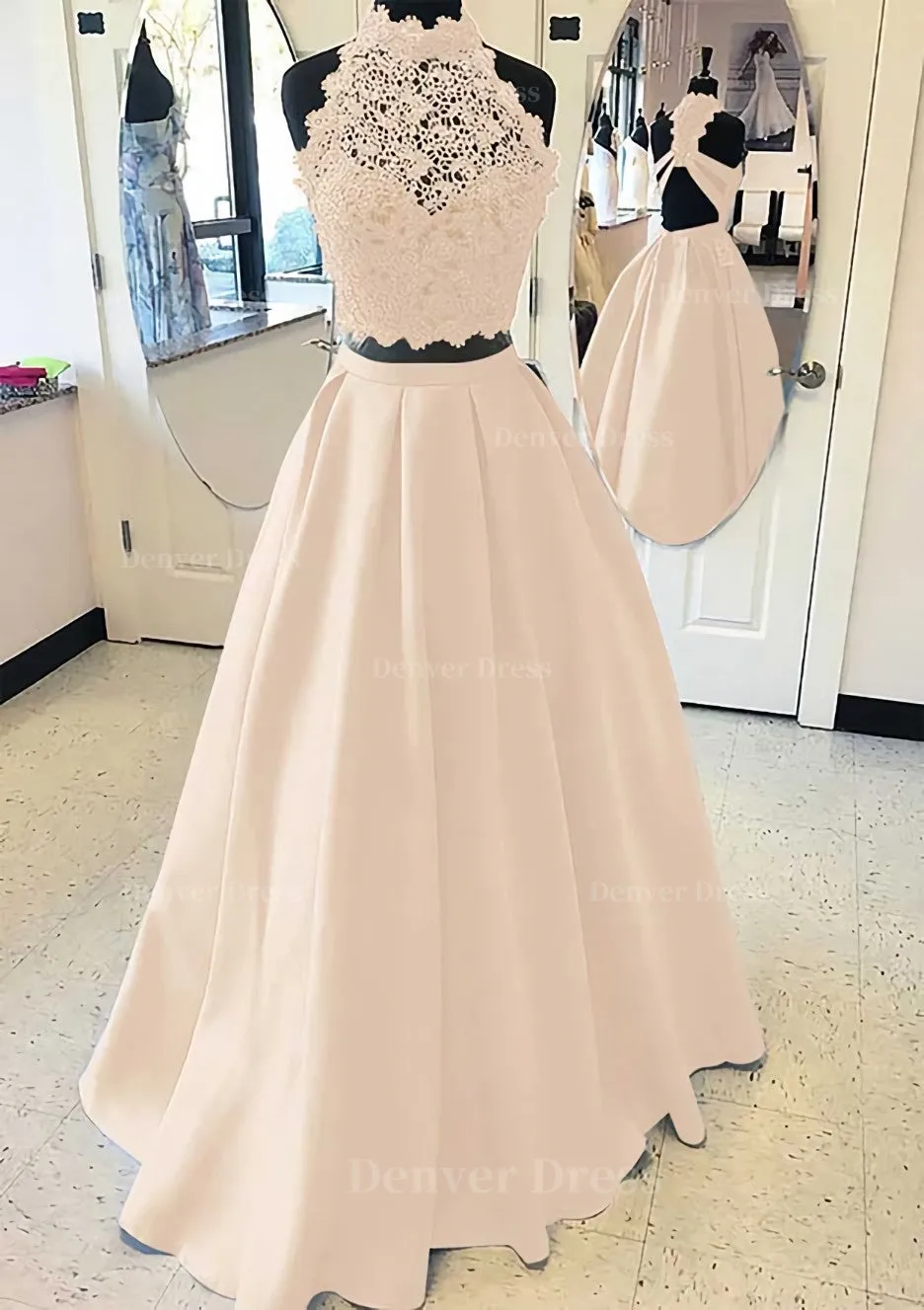 Satin Prom Dress A-Line/Princess High-Neck Long/Floor-Length With Lace