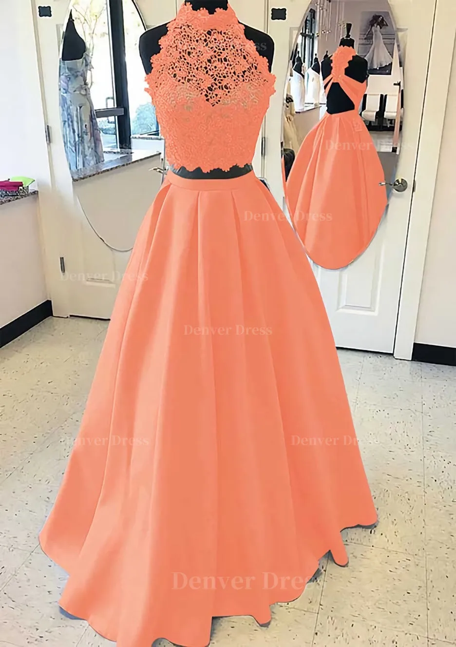 Satin Prom Dress A-Line/Princess High-Neck Long/Floor-Length With Lace