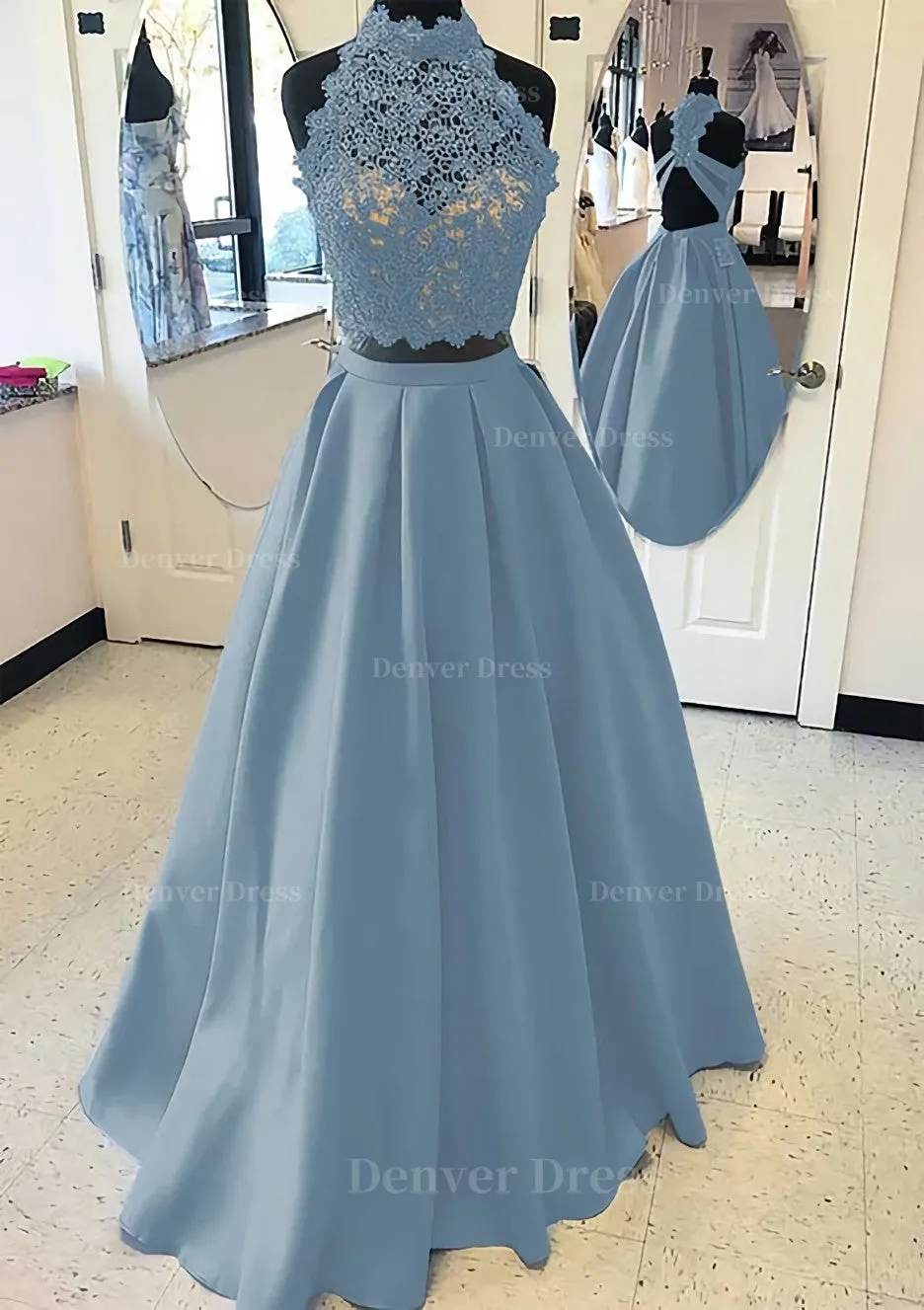 Satin Prom Dress A-Line/Princess High-Neck Long/Floor-Length With Lace