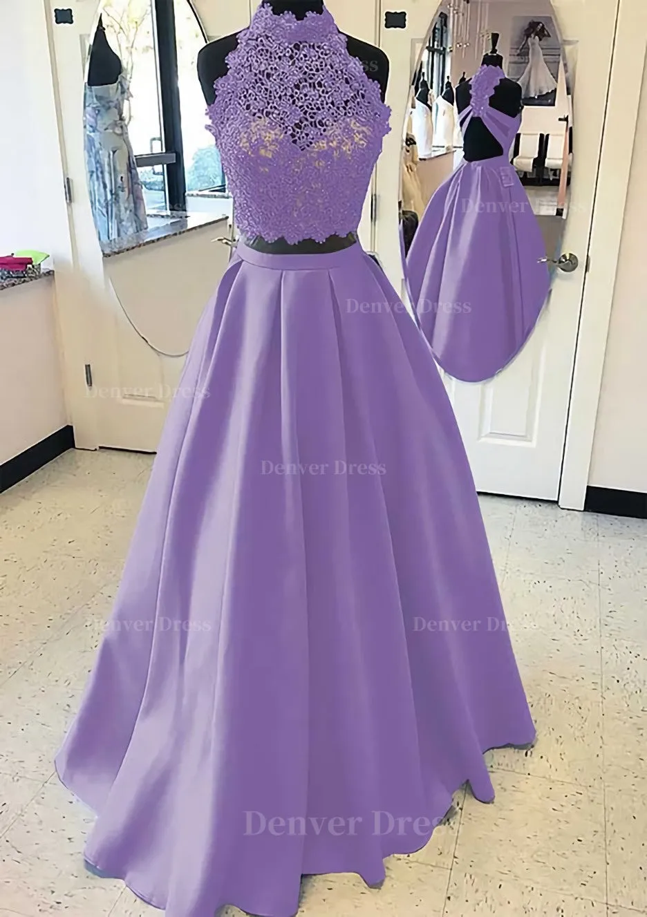 Satin Prom Dress A-Line/Princess High-Neck Long/Floor-Length With Lace