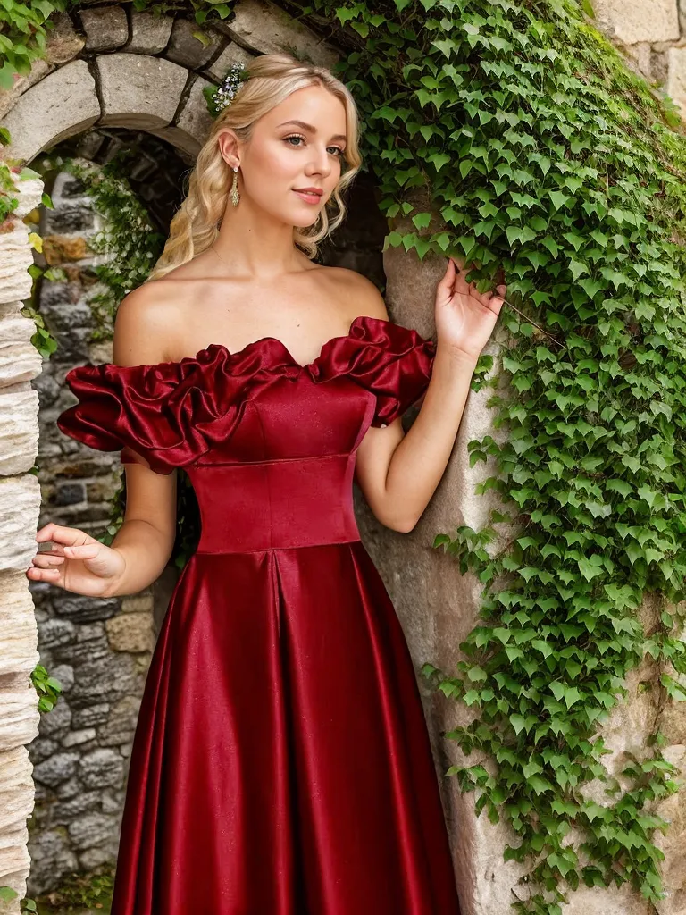 Sexy off-the-shoulder long princess style A-line satin prom dress with Ruffled sleeves