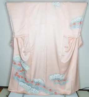 Shiny Silk Light Pink Floral Homongi Flowering Tulips Formal Japanese Women's Kimono Free Shipping